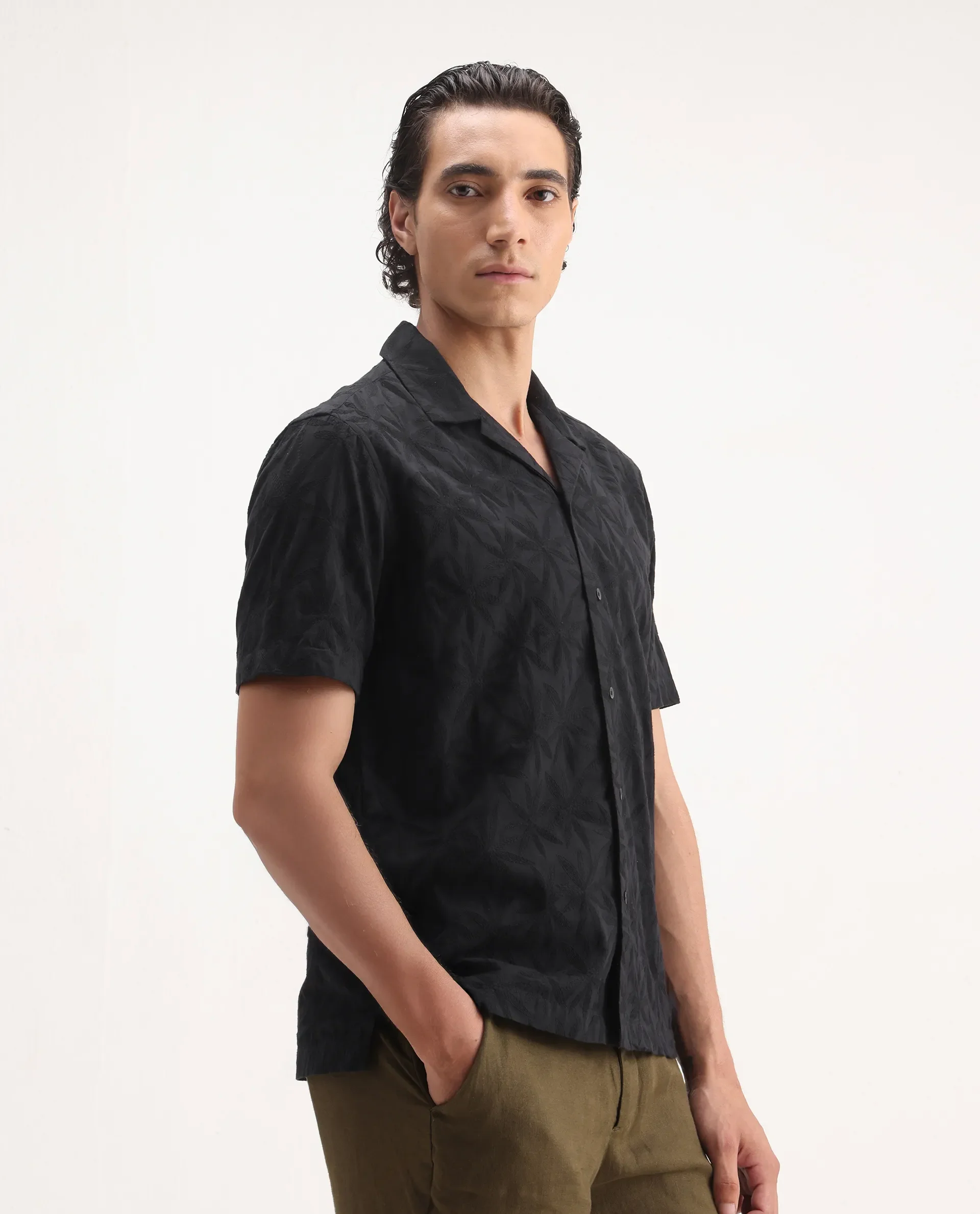 Rare Rabbit Men's Jaff Black Cotton Embroidered Boxy Fit Half Sleeve Cuban Collar Shirt - Image 6