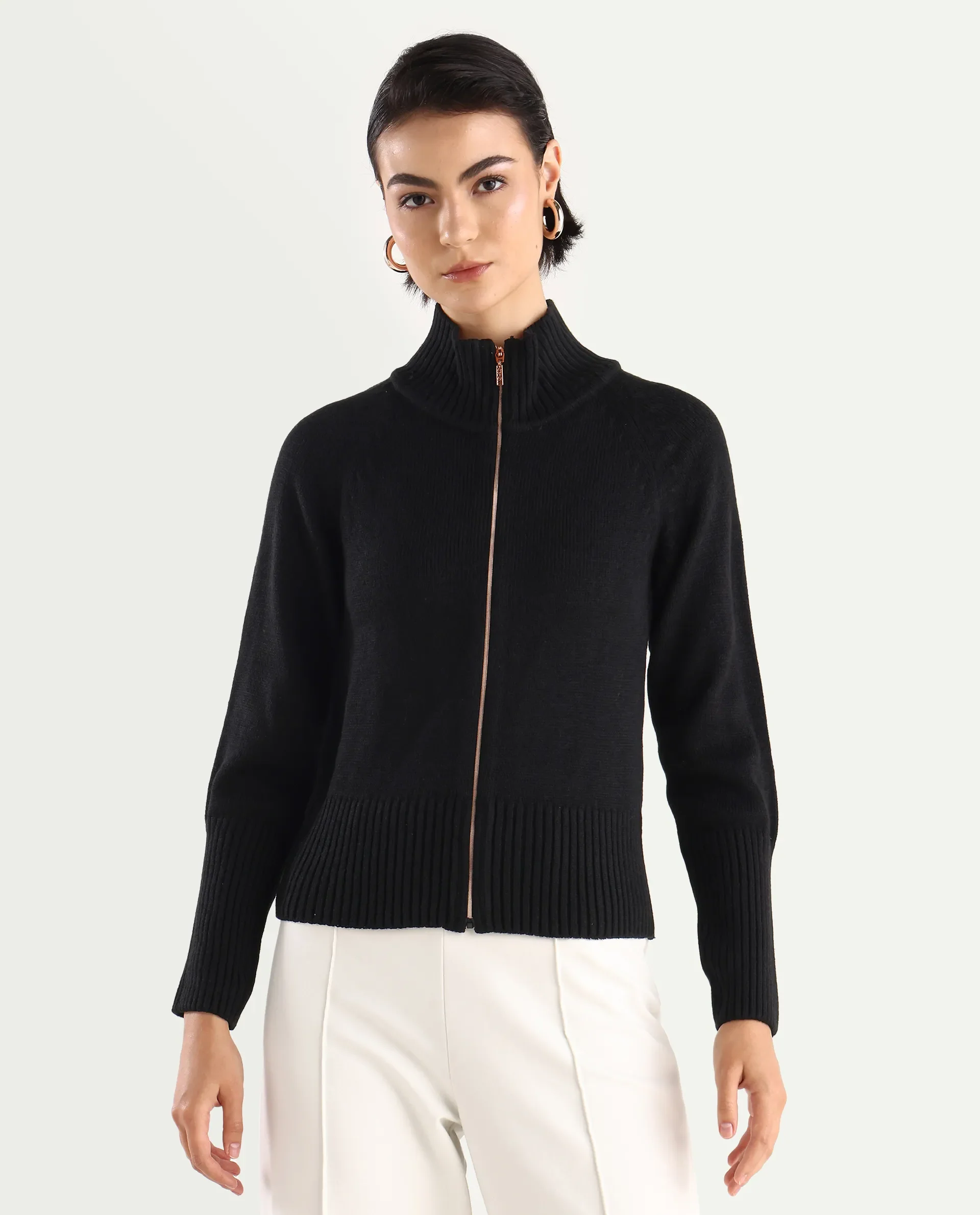 Rareism Women's Jagger Black Acrylic High Neck Plain Raglan Sleeve Relaxed Fit Sweater - Image 3
