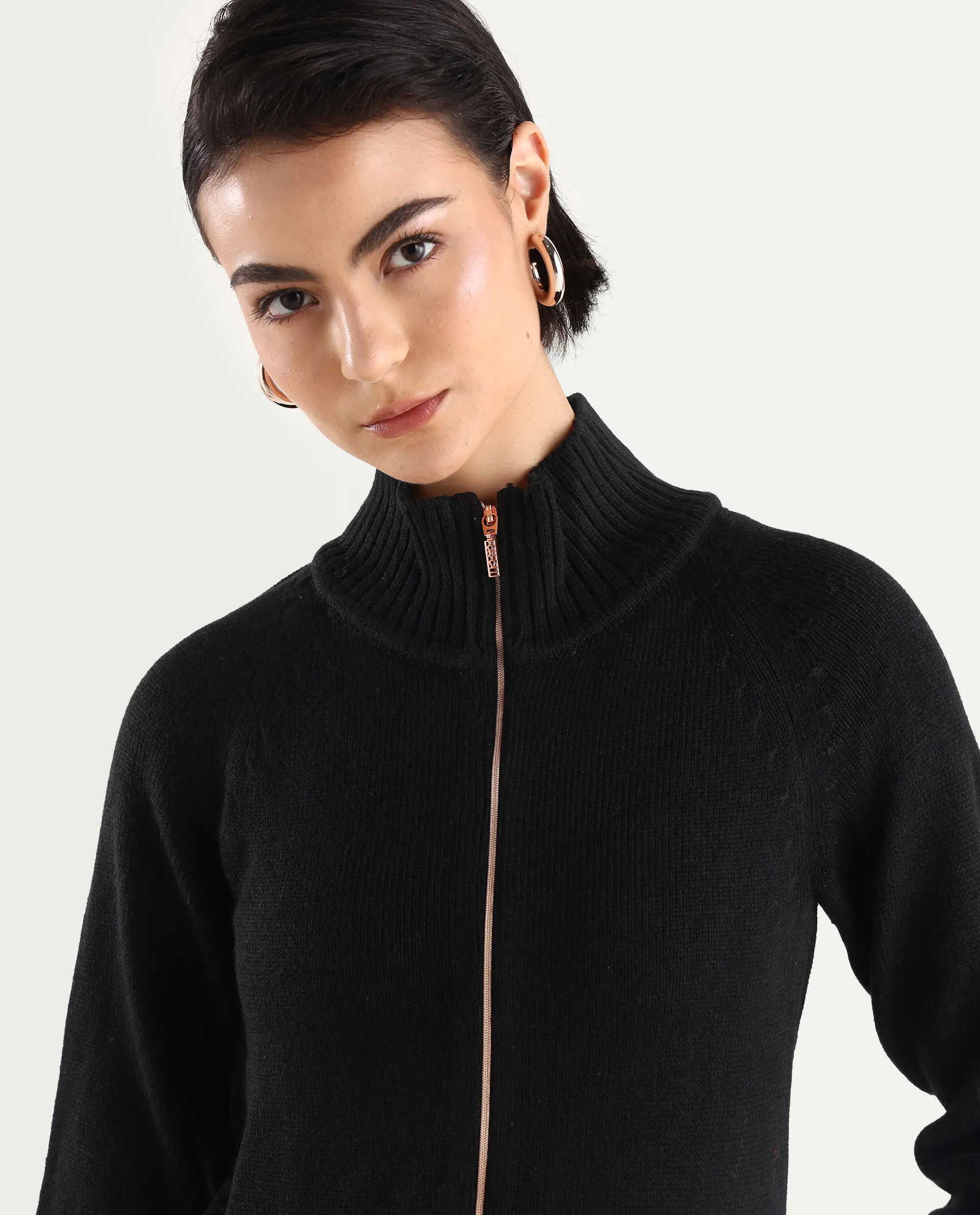 Rareism Women's Jagger Black Acrylic High Neck Plain Raglan Sleeve Relaxed Fit Sweater - Image 4