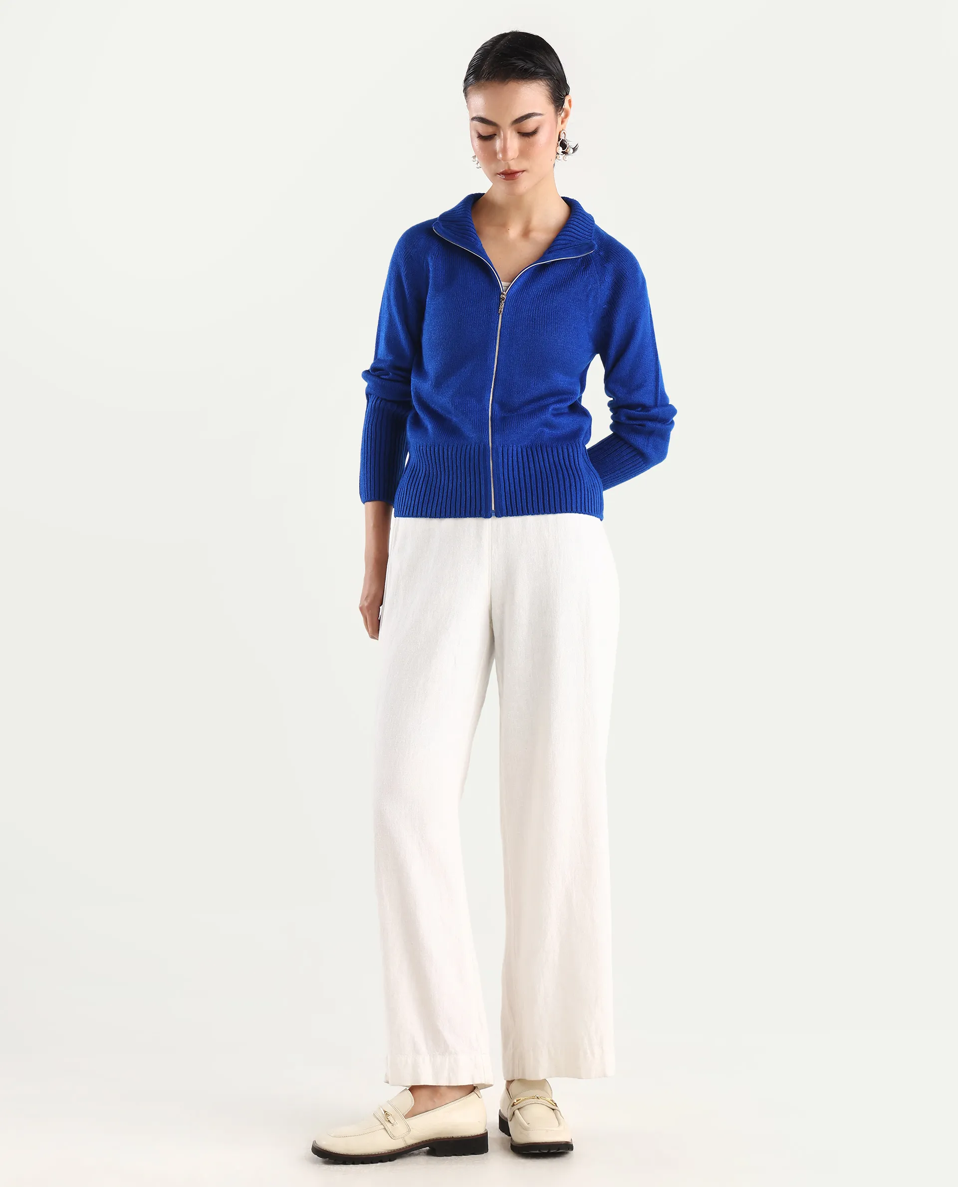 Rareism Women's Jagger Blue Acrylic High Neck Plain Raglan Sleeve Relaxed Fit Sweater - Image 2