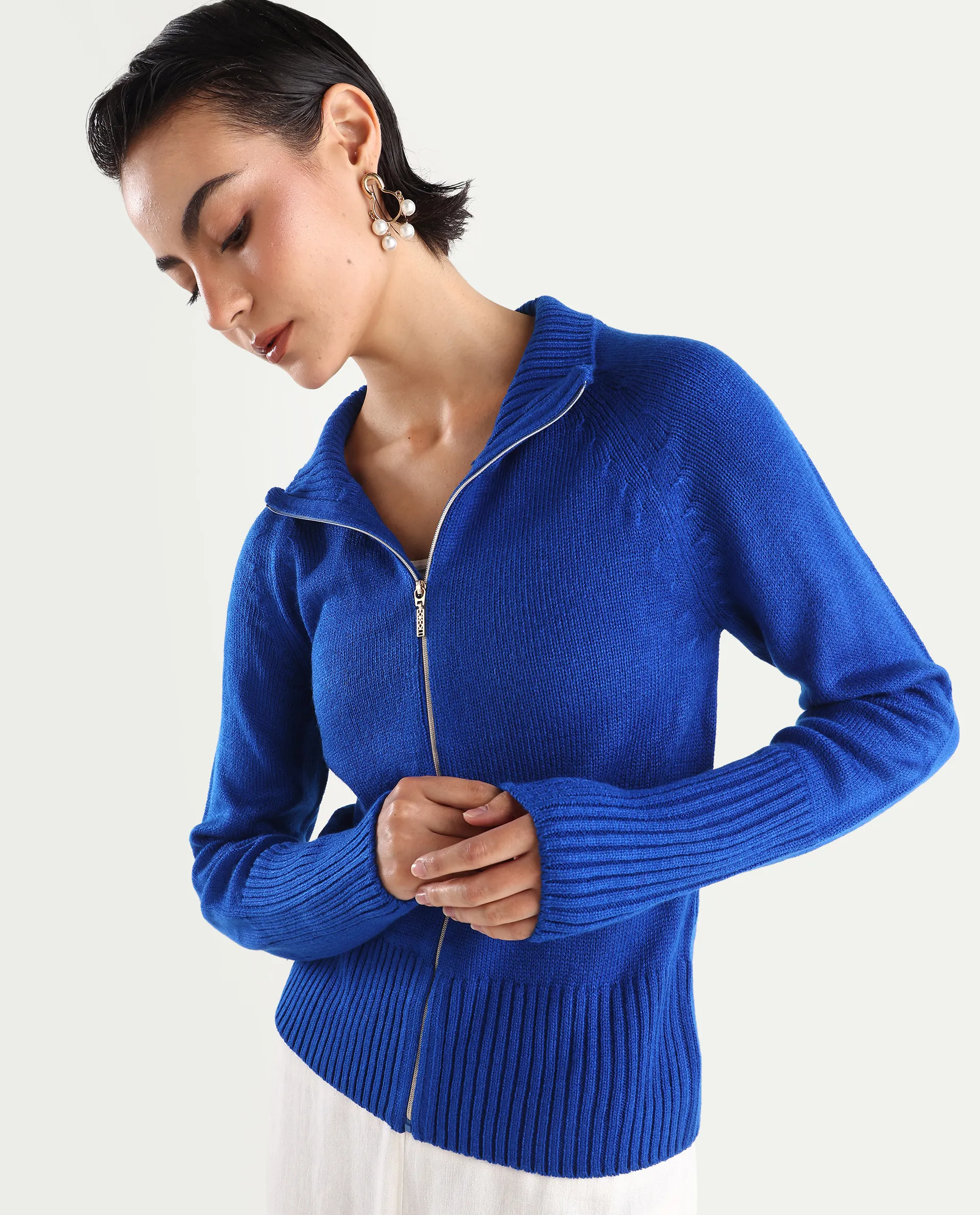 Rareism Women's Jagger Blue Acrylic High Neck Plain Raglan Sleeve Relaxed Fit Sweater - Image 3