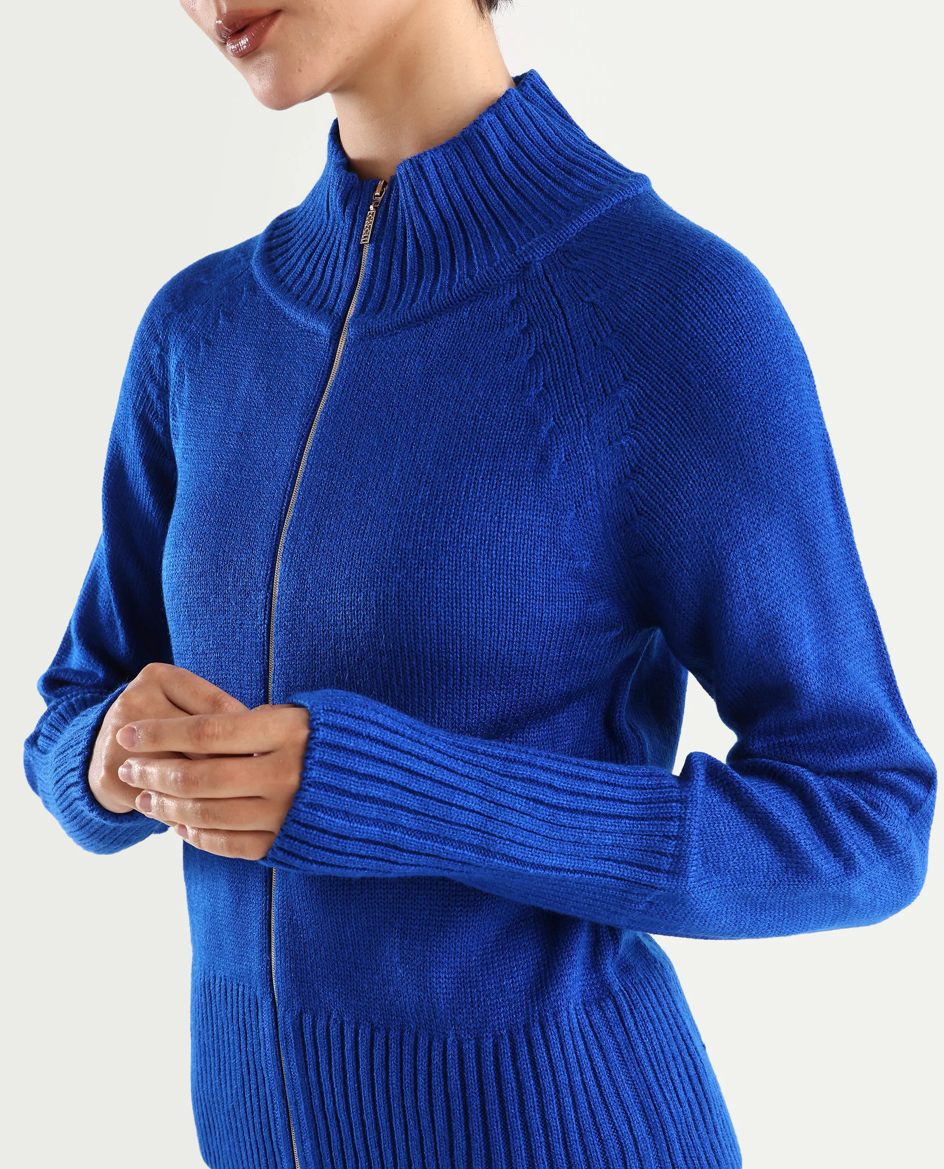 Rareism Women's Jagger Blue Acrylic High Neck Plain Raglan Sleeve Relaxed Fit Sweater - Image 4