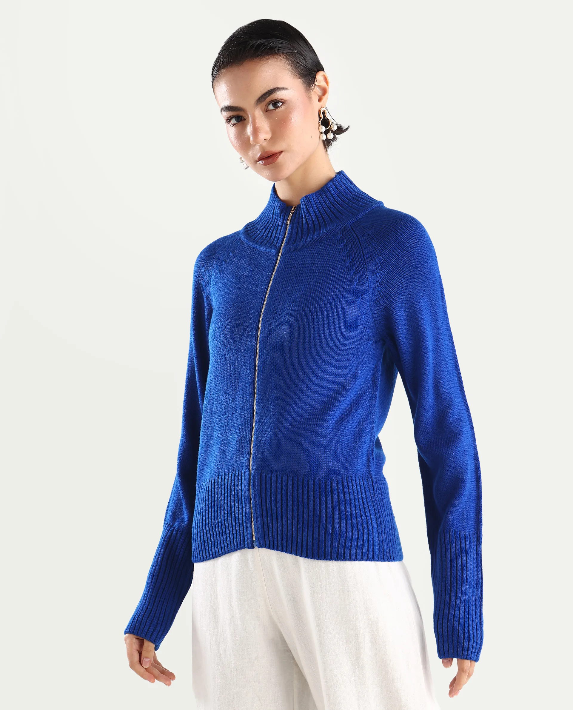 Rareism Women's Jagger Blue Acrylic High Neck Plain Raglan Sleeve Relaxed Fit Sweater - Image 5