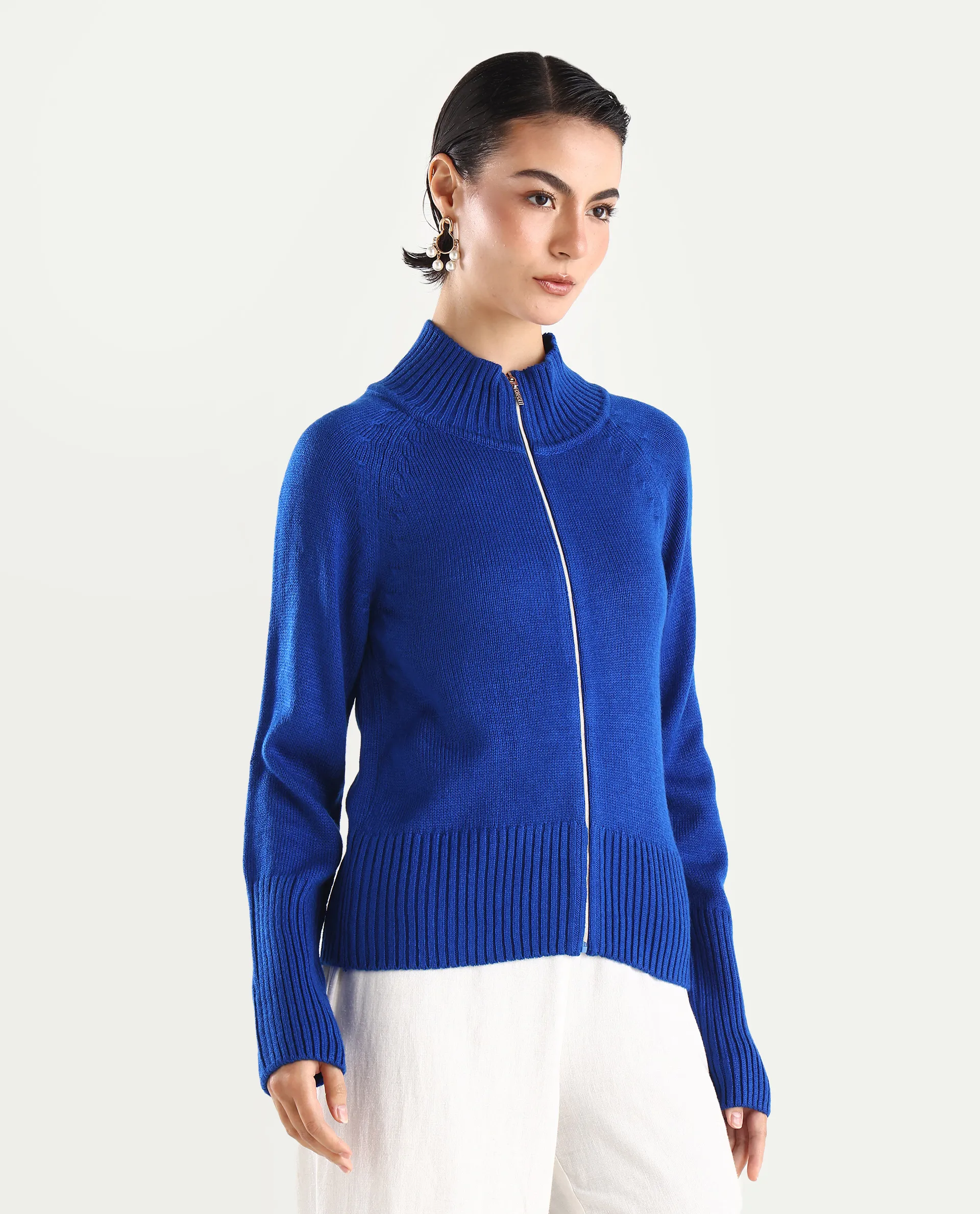 Rareism Women's Jagger Blue Acrylic High Neck Plain Raglan Sleeve Relaxed Fit Sweater - Image 6