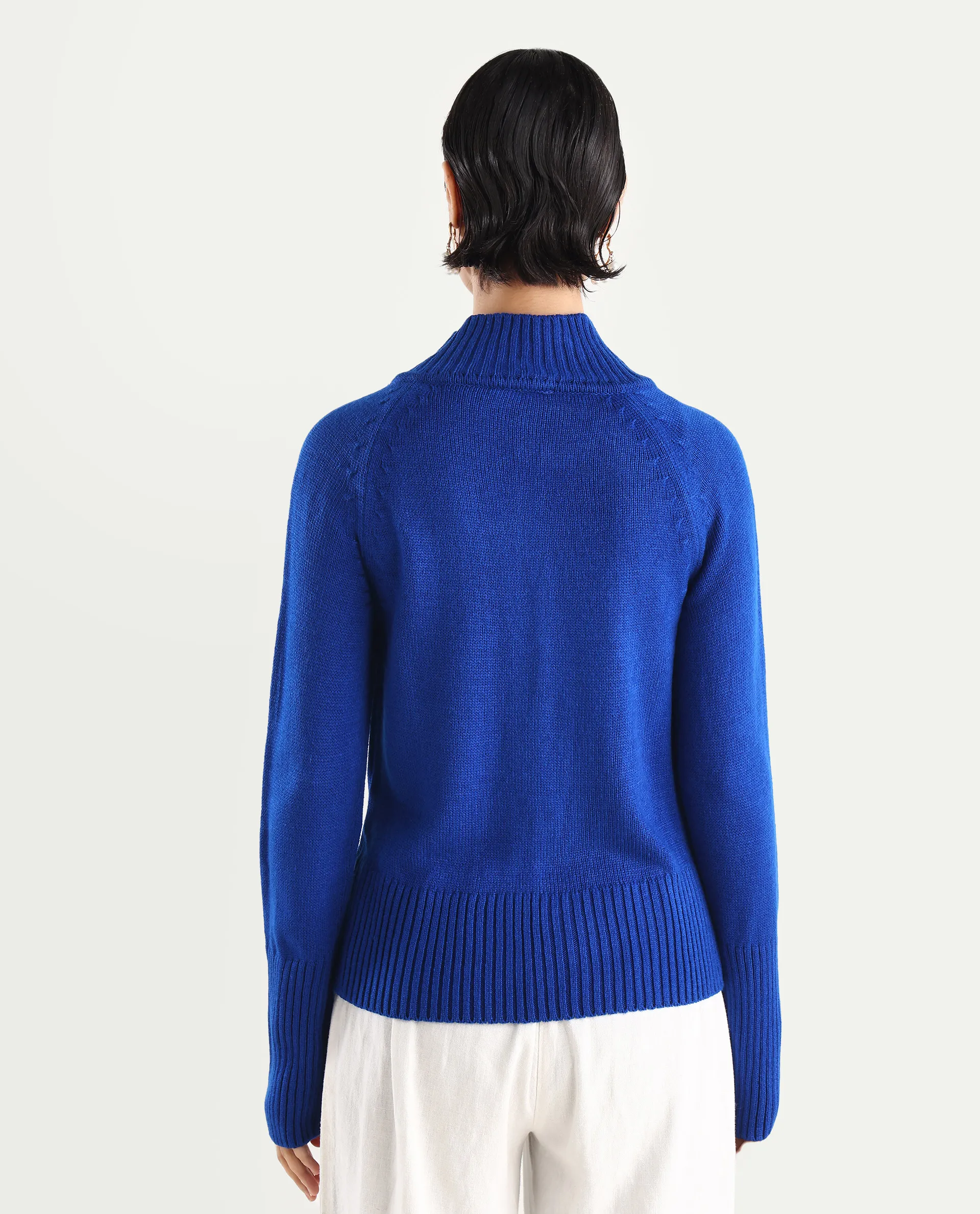 Rareism Women's Jagger Blue Acrylic High Neck Plain Raglan Sleeve Relaxed Fit Sweater - Image 7