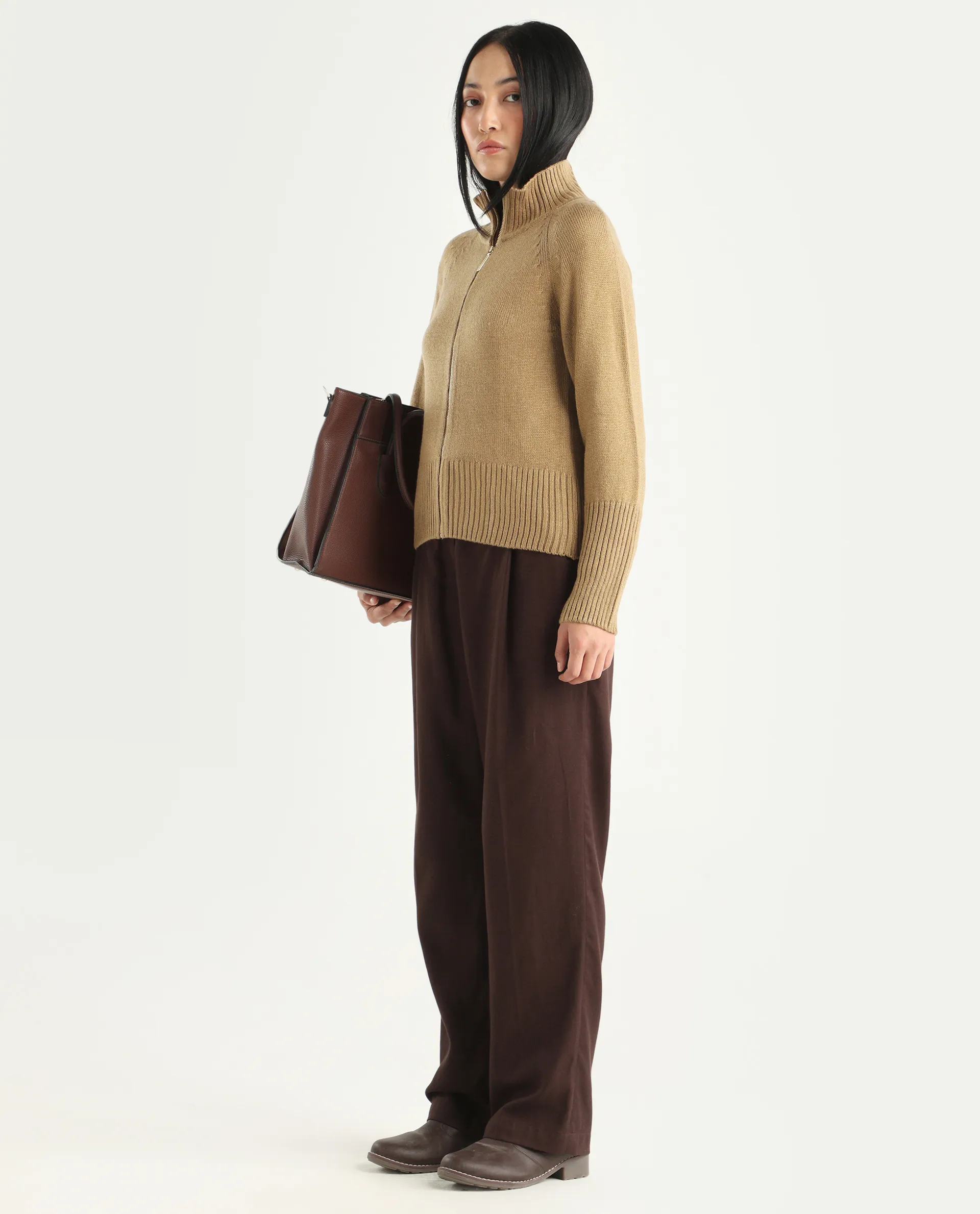 Rareism Women's Jaggero Dark Beige Acrylic High Neck Relaxed Fit Plain Jacket - Image 2