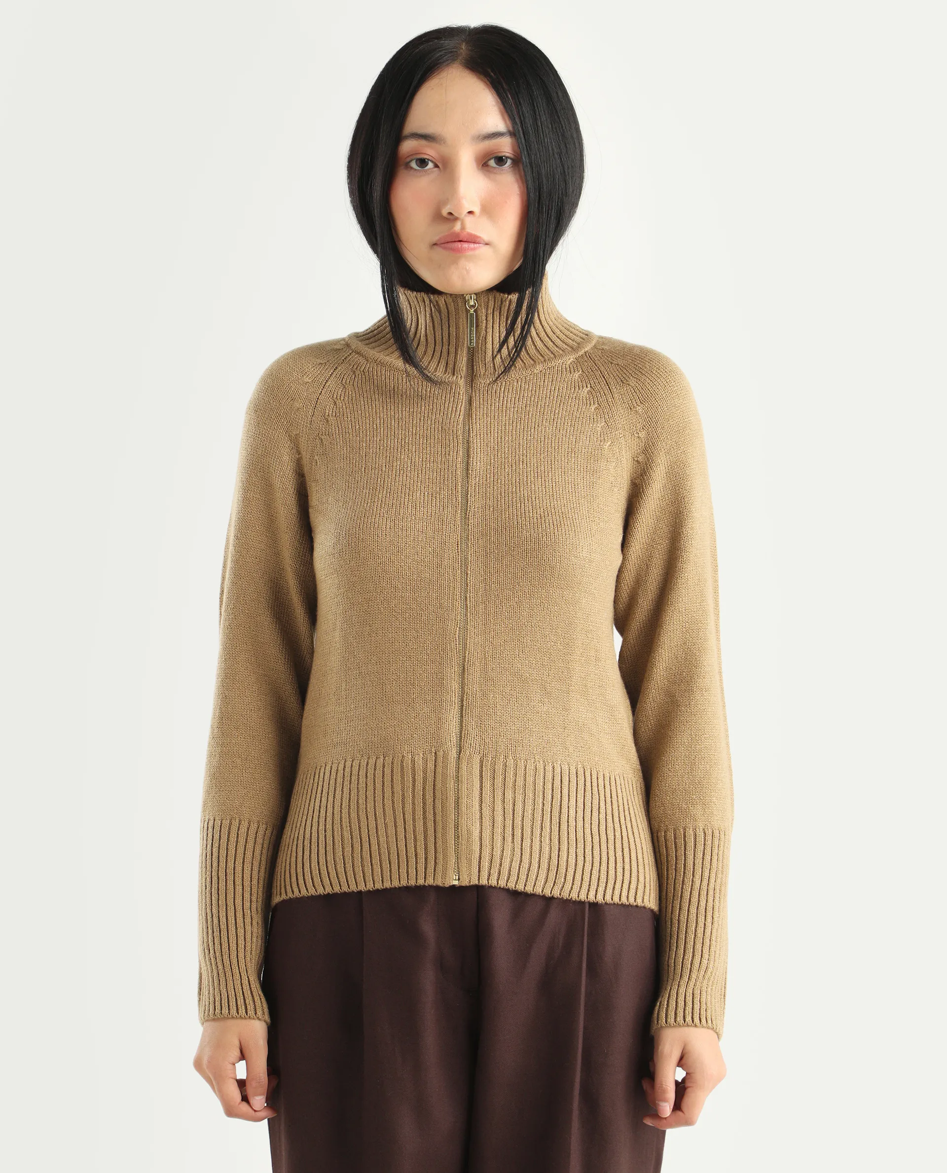 Rareism Women's Jaggero Dark Beige Acrylic High Neck Relaxed Fit Plain Jacket - Image 3