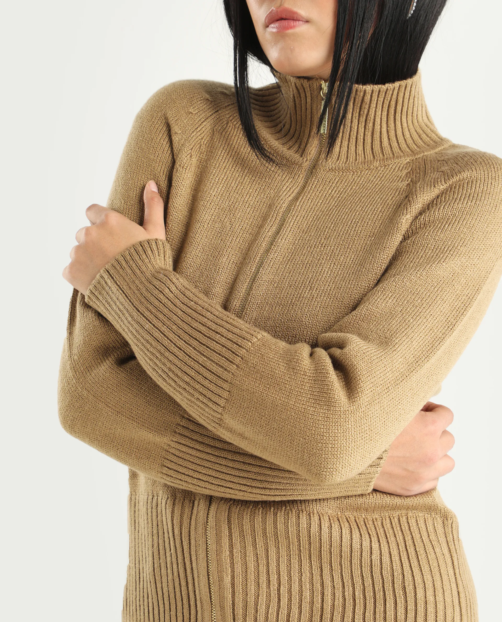 Rareism Women's Jaggero Dark Beige Acrylic High Neck Relaxed Fit Plain Jacket - Image 4