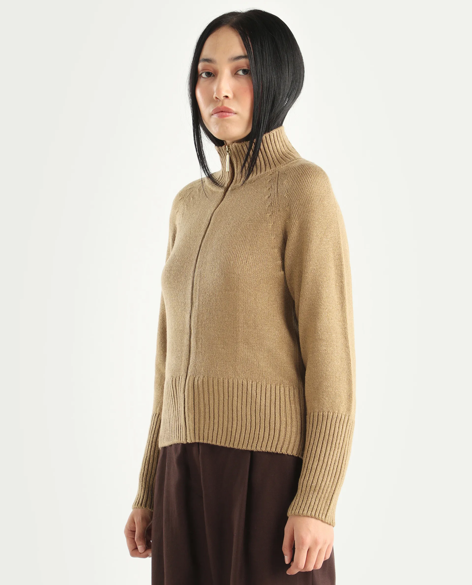 Rareism Women's Jaggero Dark Beige Acrylic High Neck Relaxed Fit Plain Jacket - Image 5