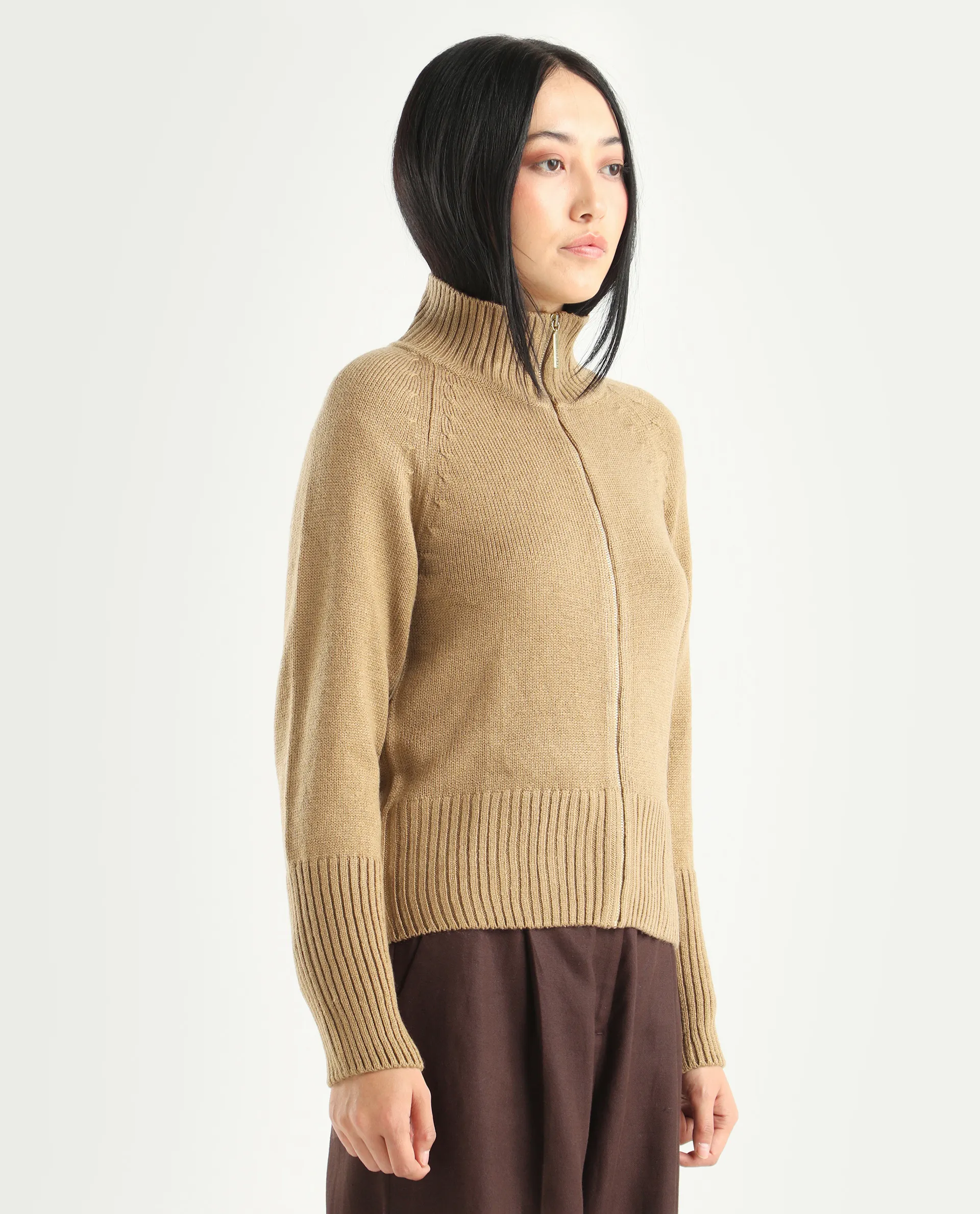 Rareism Women's Jaggero Dark Beige Acrylic High Neck Relaxed Fit Plain Jacket - Image 6