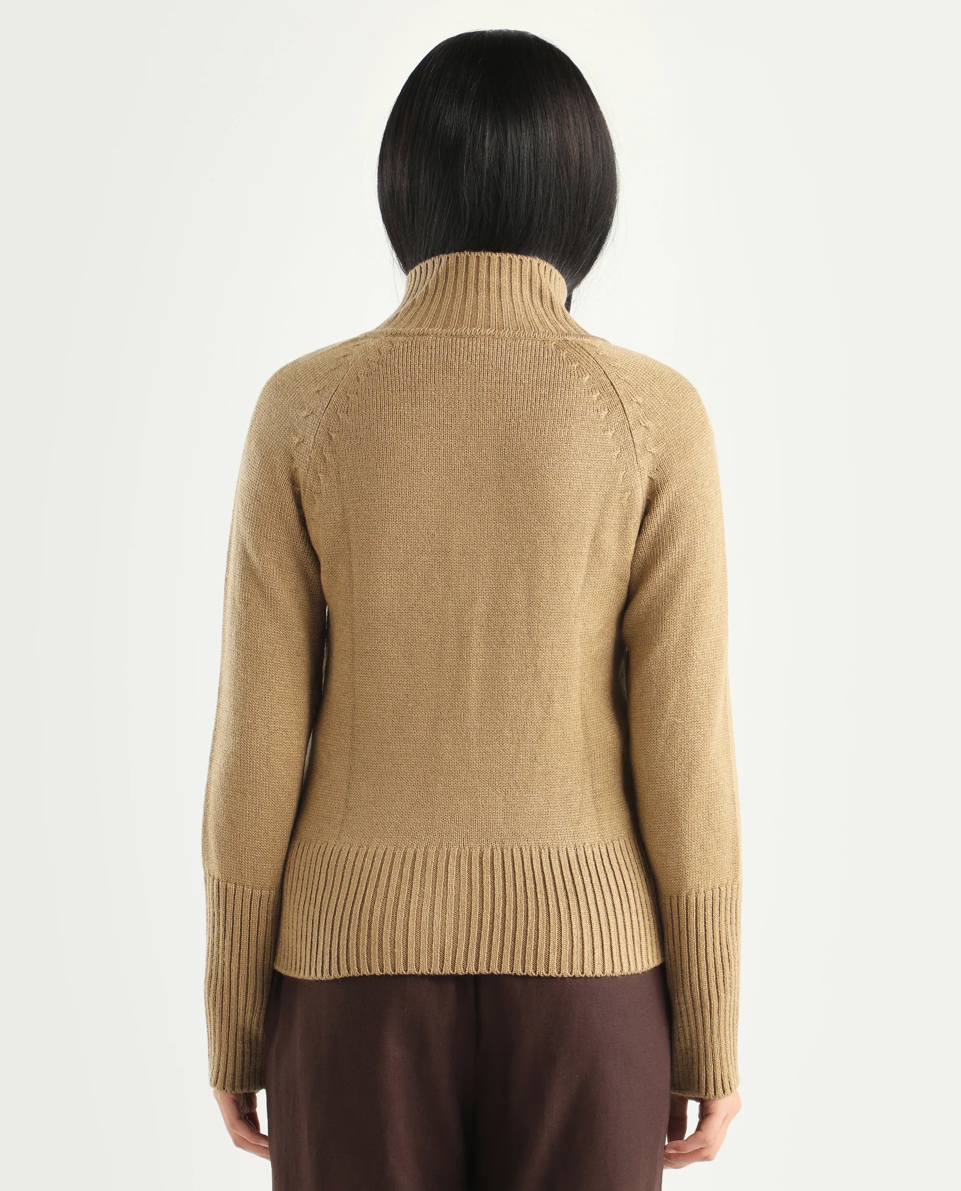 Rareism Women's Jaggero Dark Beige Acrylic High Neck Relaxed Fit Plain Jacket - Image 7