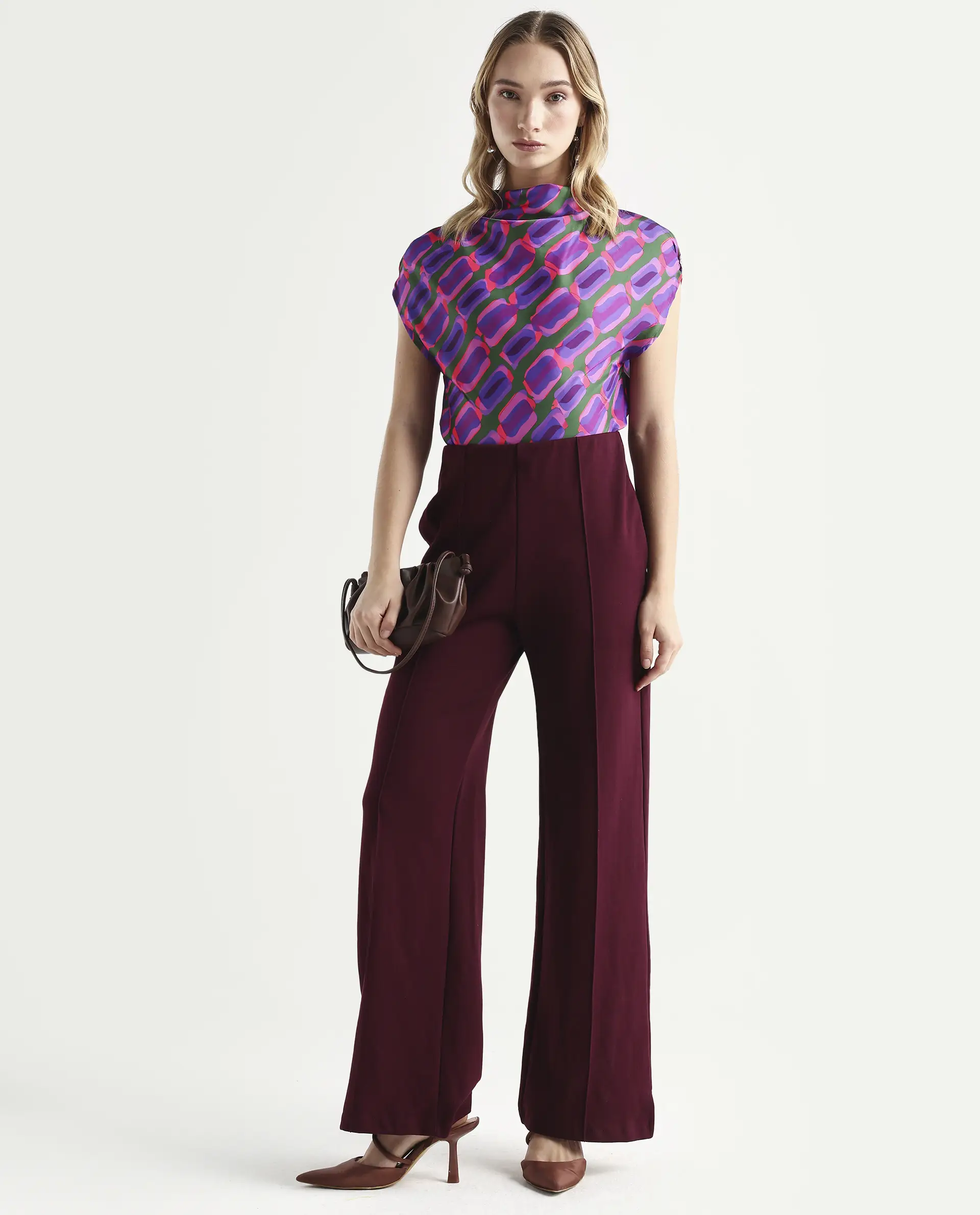 Rareism Women's Jagsan Purple Polyester Cowl Neck Abstract Print Extended Sleeves Relaxed Fit Top - Image 2