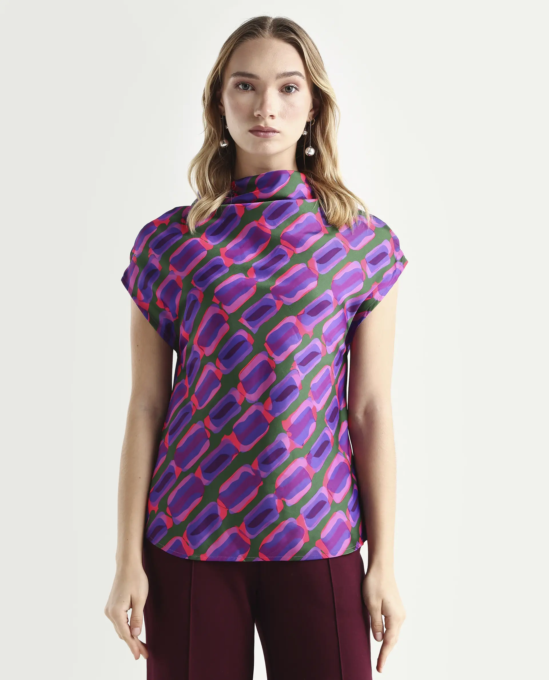 Rareism Women's Jagsan Purple Polyester Cowl Neck Abstract Print Extended Sleeves Relaxed Fit Top - Image 3