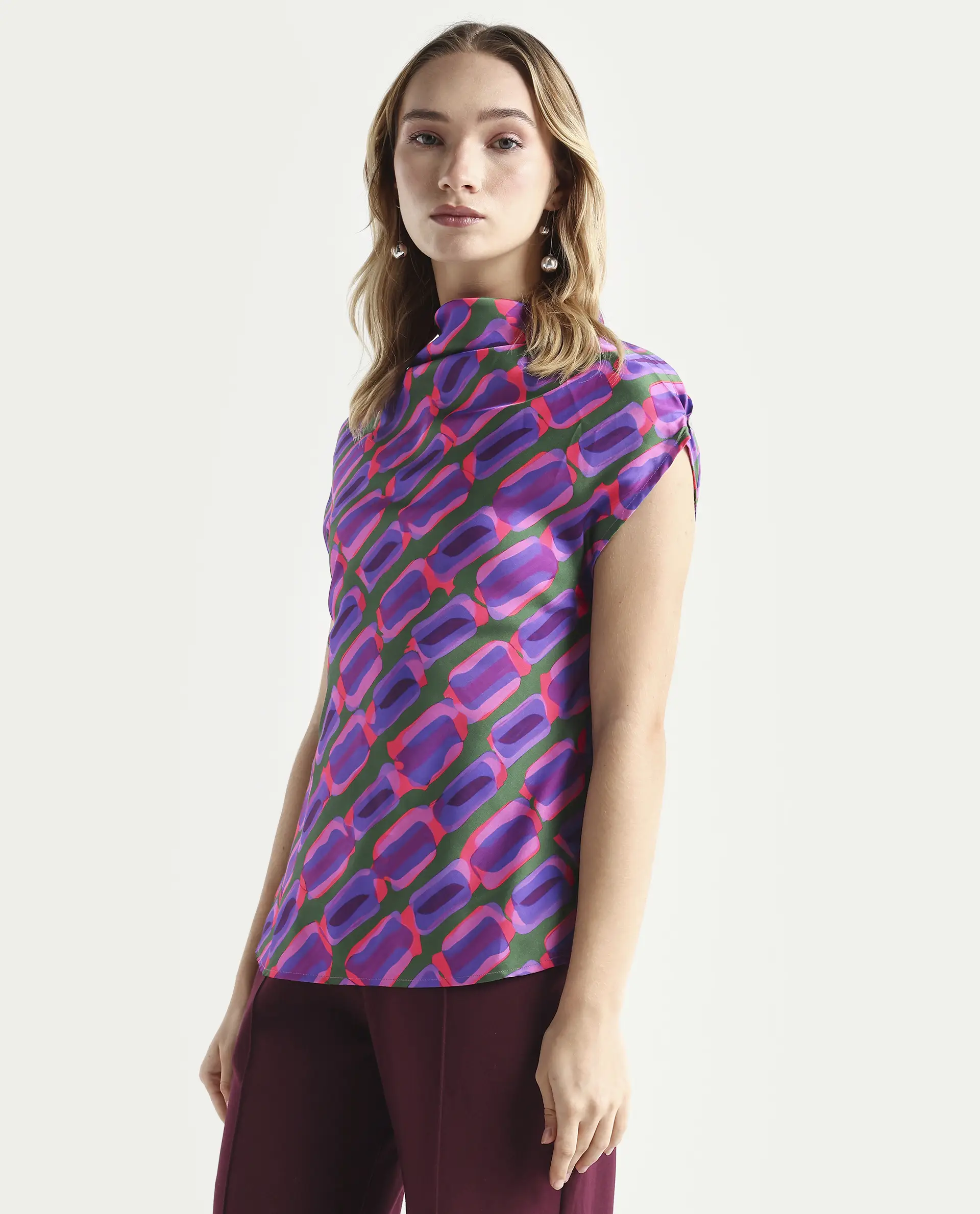 Rareism Women's Jagsan Purple Polyester Cowl Neck Abstract Print Extended Sleeves Relaxed Fit Top - Image 5