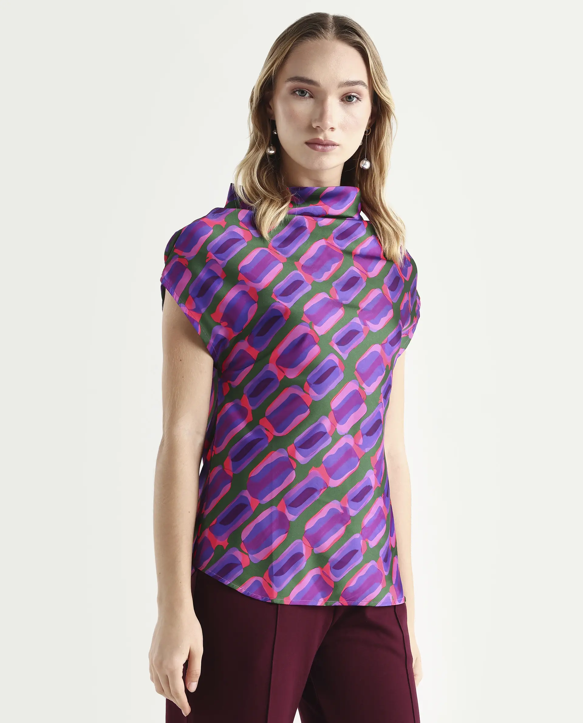 Rareism Women's Jagsan Purple Polyester Cowl Neck Abstract Print Extended Sleeves Relaxed Fit Top - Image 6