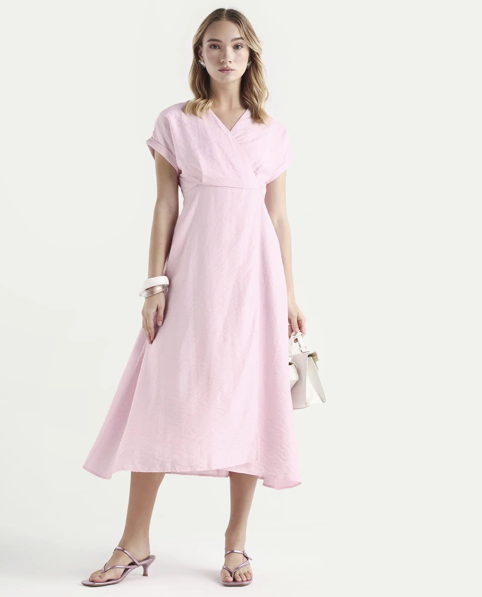 Rareism Women's Jahum Pastel Pink Viscose Blend Extended Sleeves V-Neck Flared Fit Plain Midi Dress