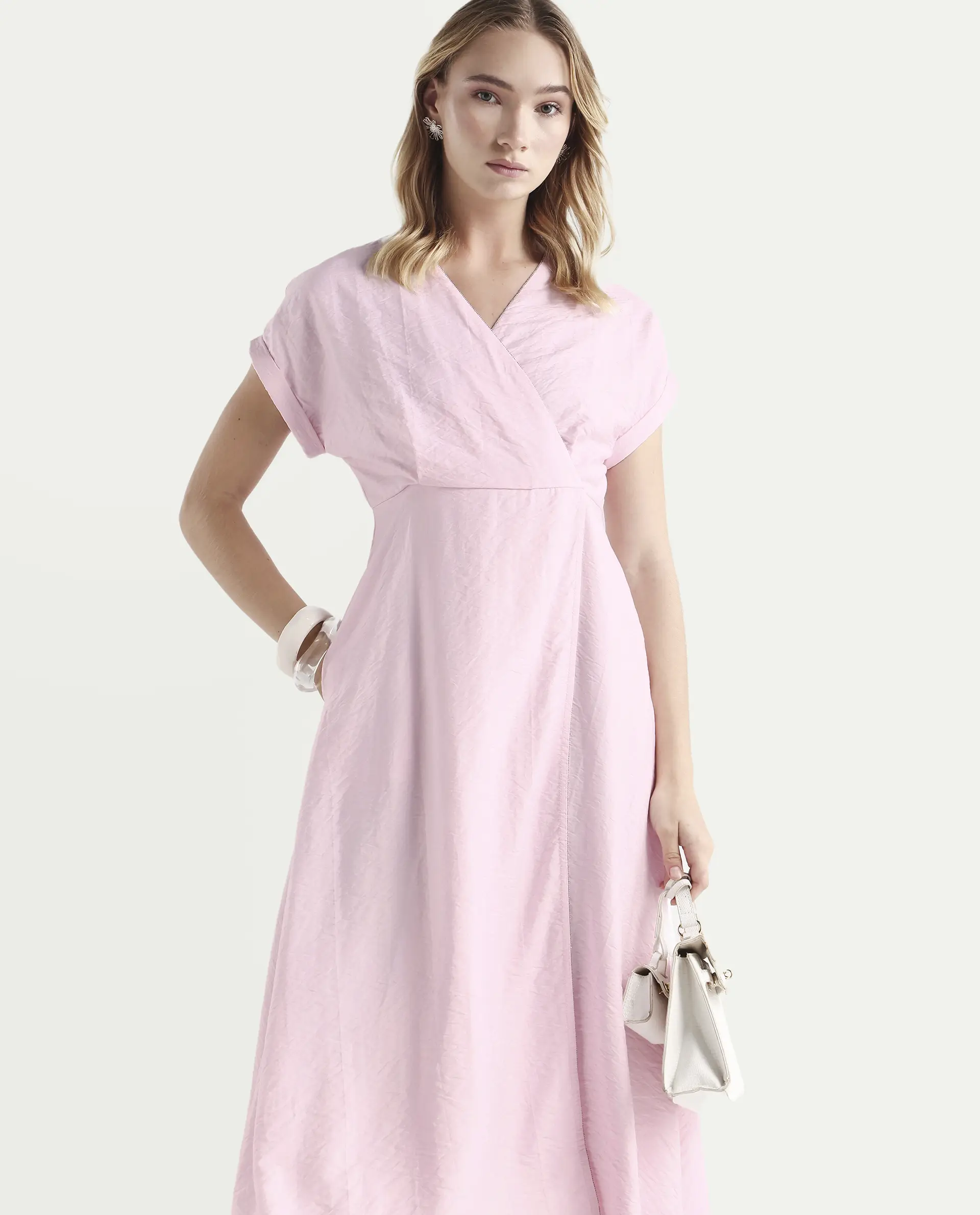 Rareism Women's Jahum Pastel Pink Viscose Blend Extended Sleeves V-Neck Flared Fit Plain Midi Dress - Image 2