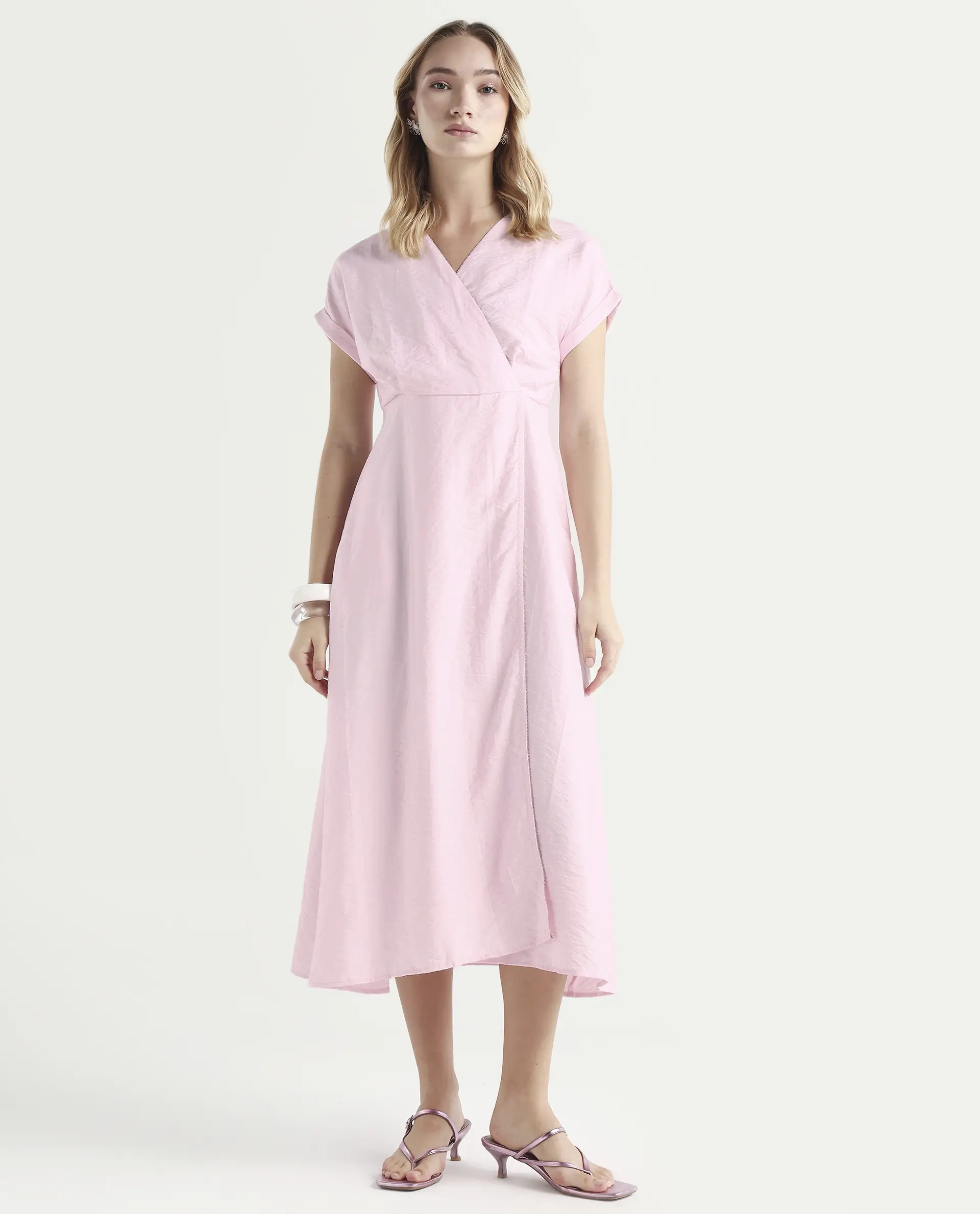 Rareism Women's Jahum Pastel Pink Viscose Blend Extended Sleeves V-Neck Flared Fit Plain Midi Dress - Image 3