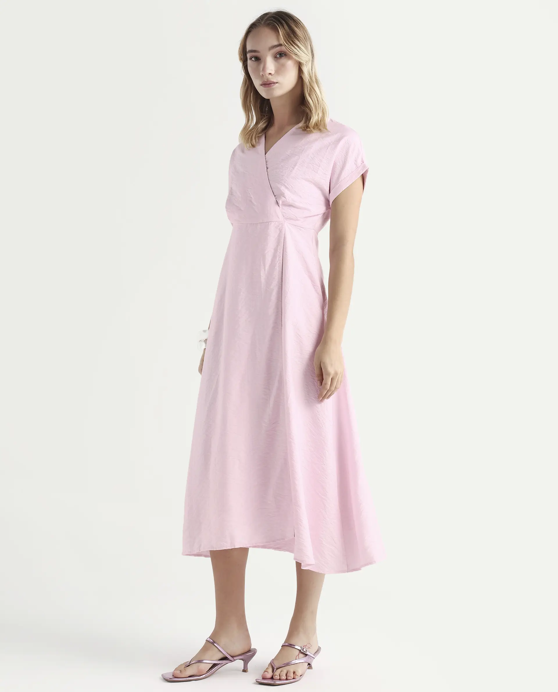 Rareism Women's Jahum Pastel Pink Viscose Blend Extended Sleeves V-Neck Flared Fit Plain Midi Dress - Image 5