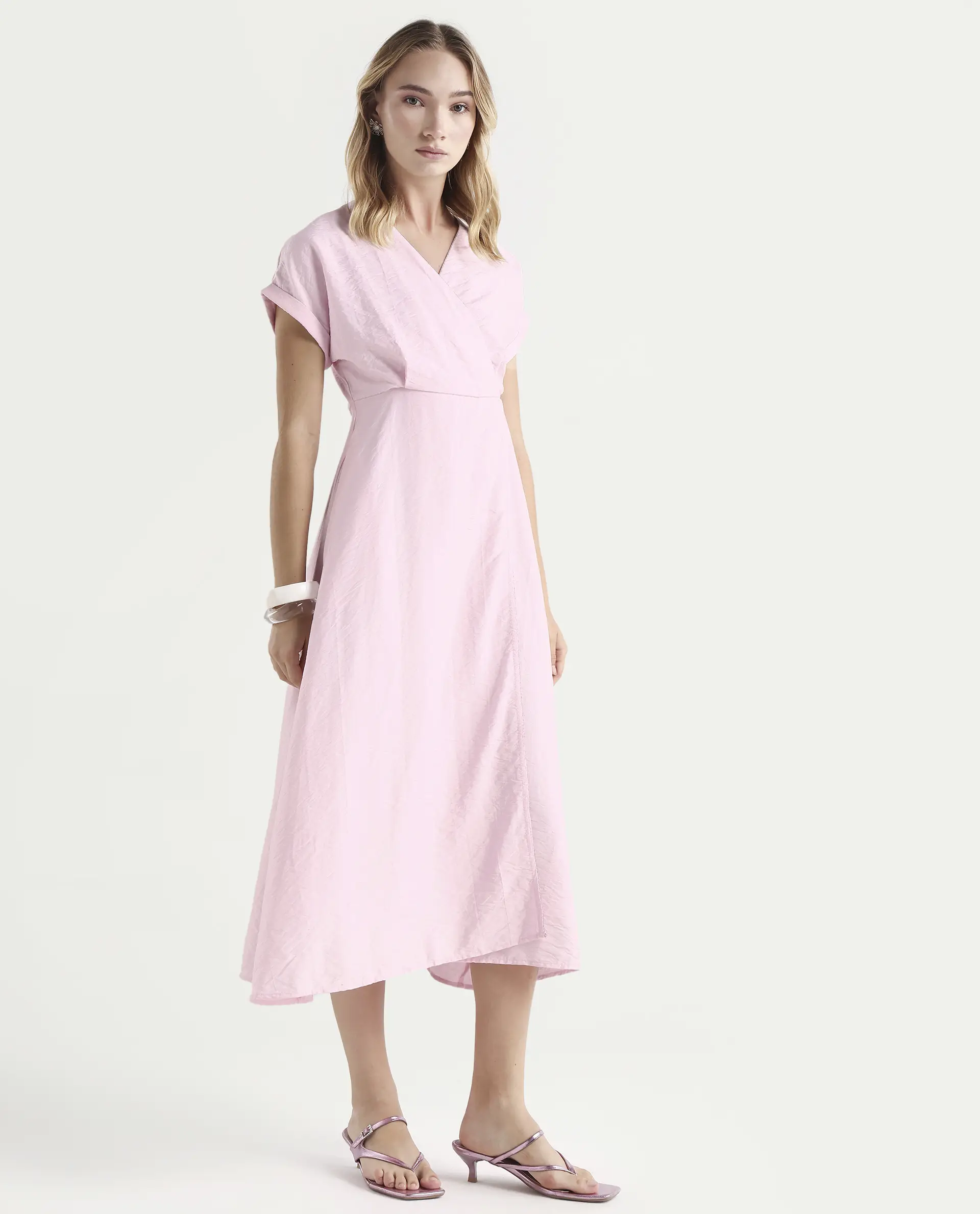 Rareism Women's Jahum Pastel Pink Viscose Blend Extended Sleeves V-Neck Flared Fit Plain Midi Dress - Image 6