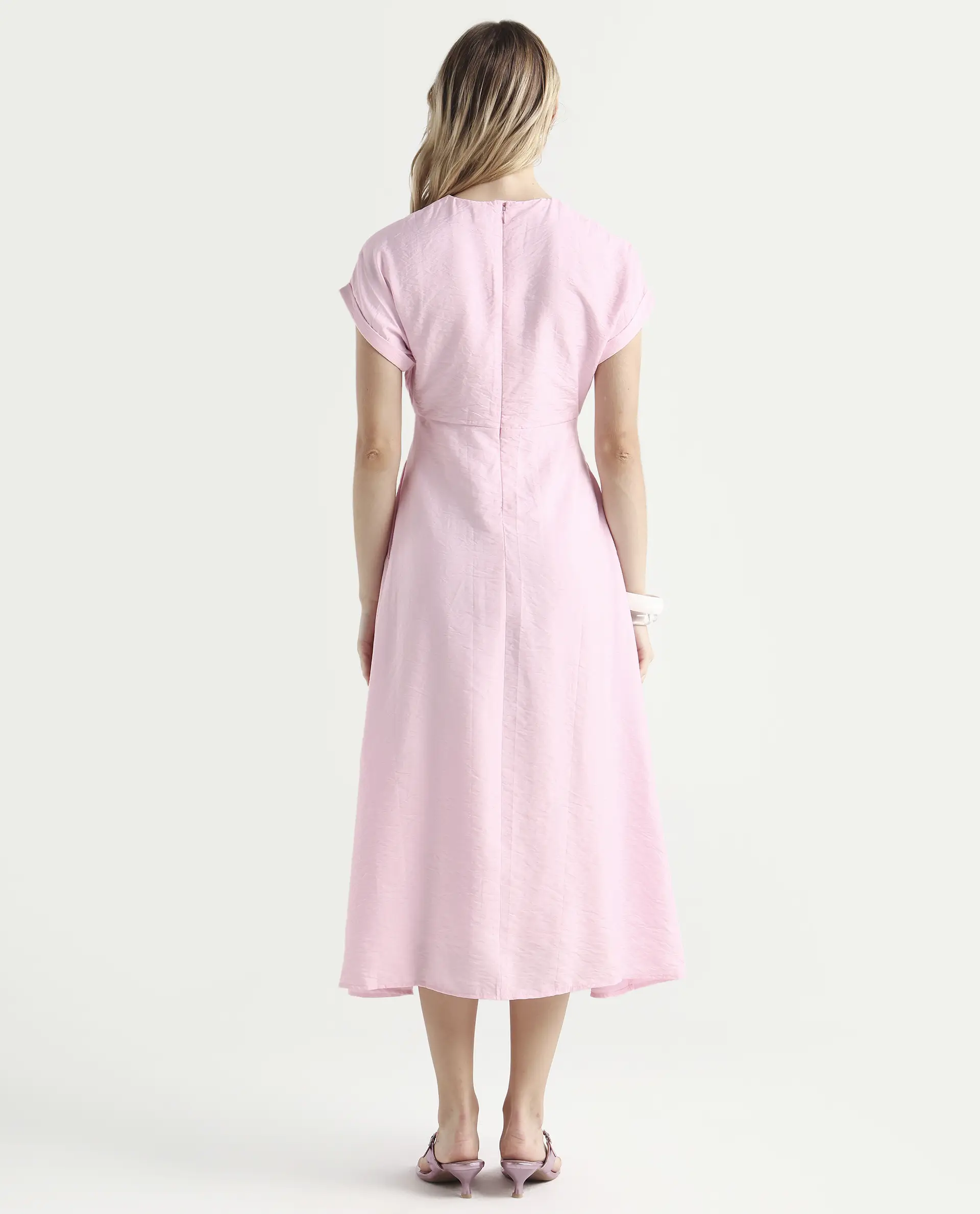 Rareism Women's Jahum Pastel Pink Viscose Blend Extended Sleeves V-Neck Flared Fit Plain Midi Dress - Image 7