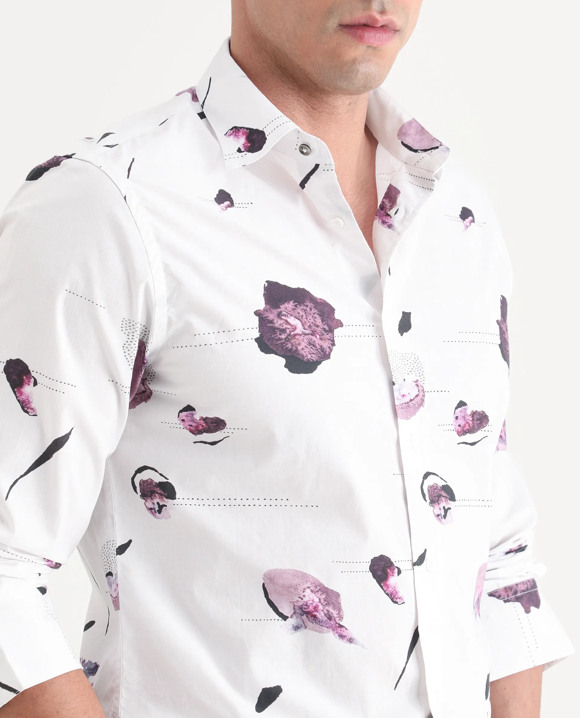 Rare Rabbit Men's Jake White Cotton Fabric Full Sleeve Spread Collar Regular Fit Abstract Print Shirt - Image 3