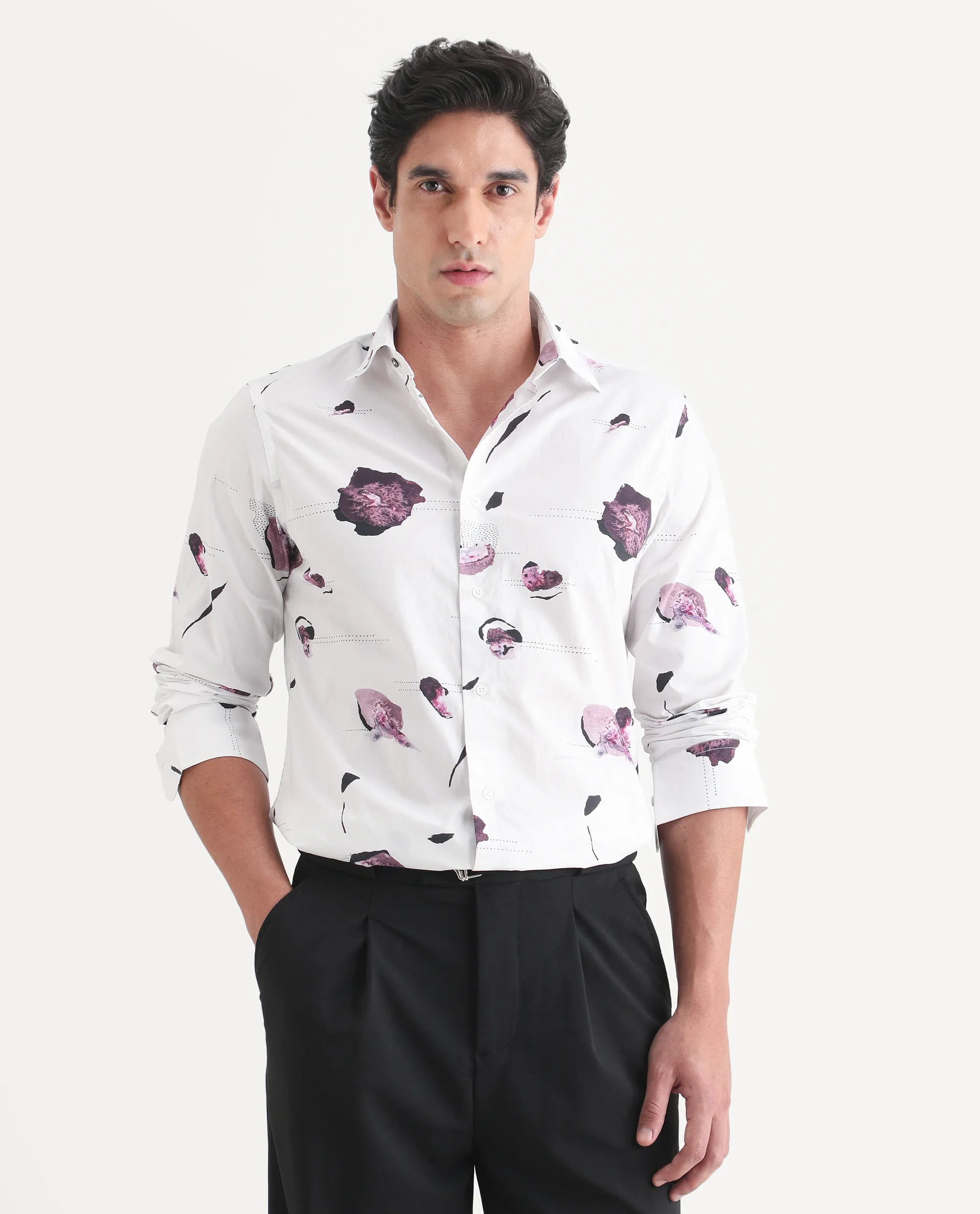 Rare Rabbit Men's Jake White Cotton Fabric Full Sleeve Spread Collar Regular Fit Abstract Print Shirt - Image 4
