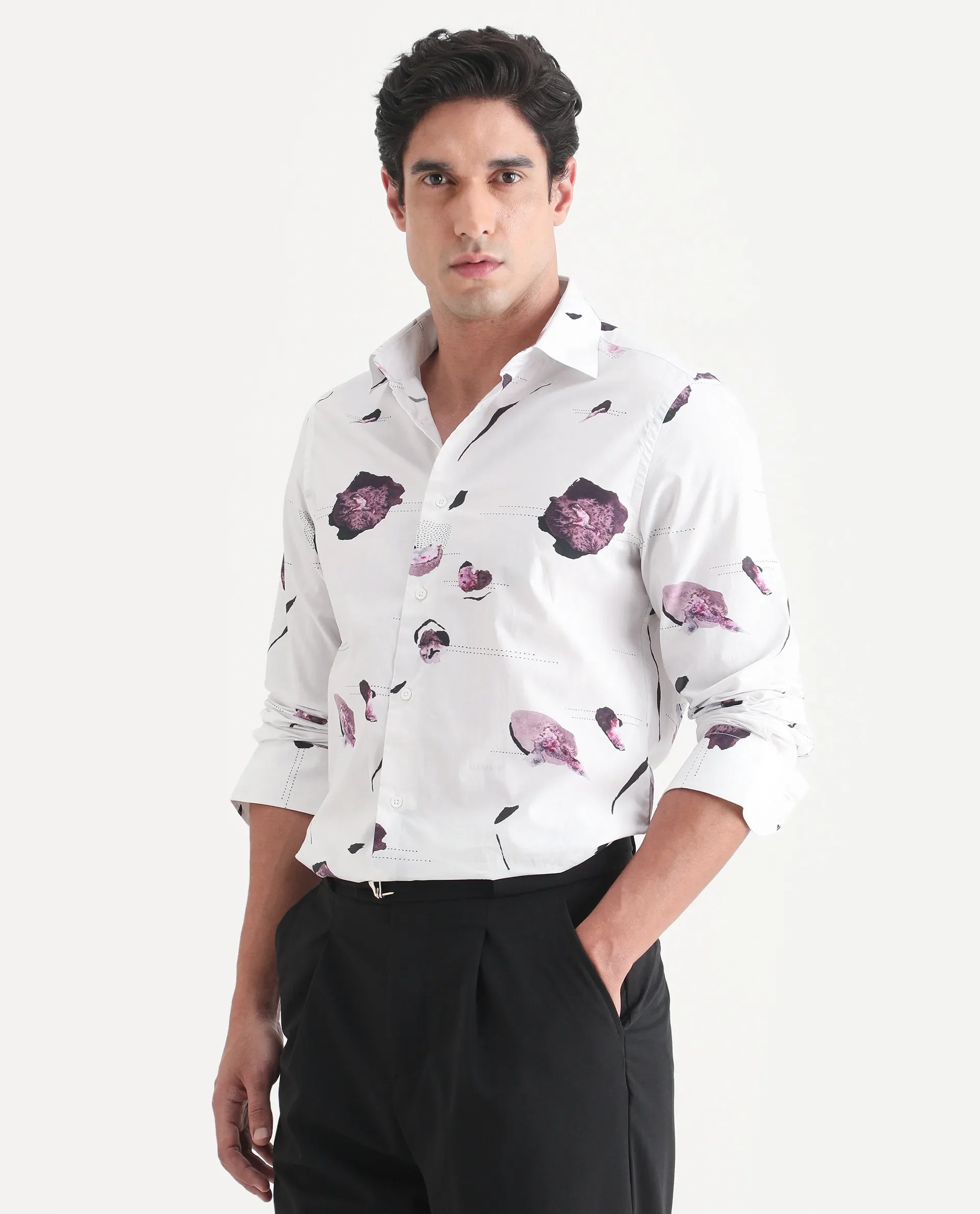 Rare Rabbit Men's Jake White Cotton Fabric Full Sleeve Spread Collar Regular Fit Abstract Print Shirt - Image 5
