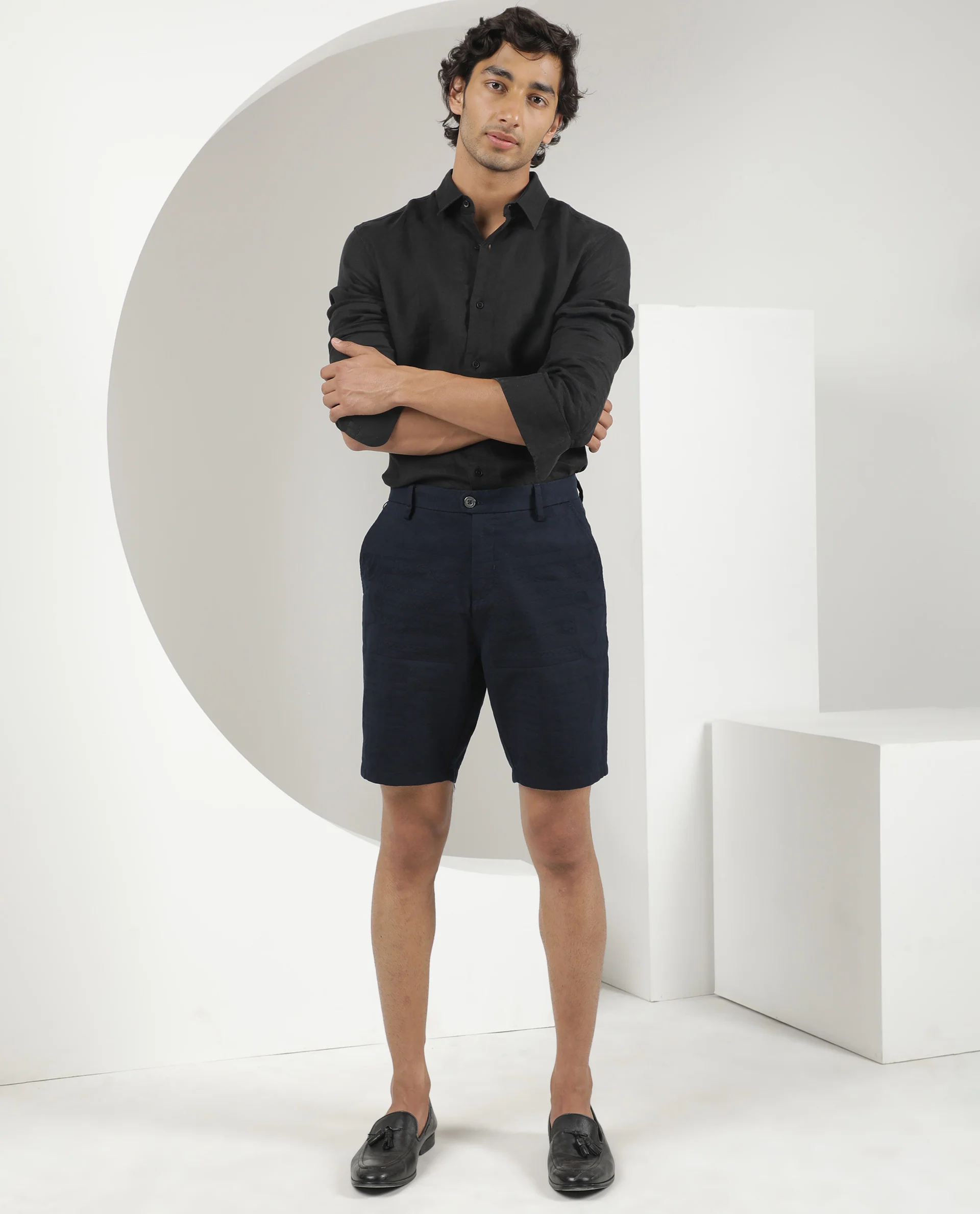 Rare Rabbit Men's Jaky Navy Cotton Jacquard Regular Fit Shorts - Image 2
