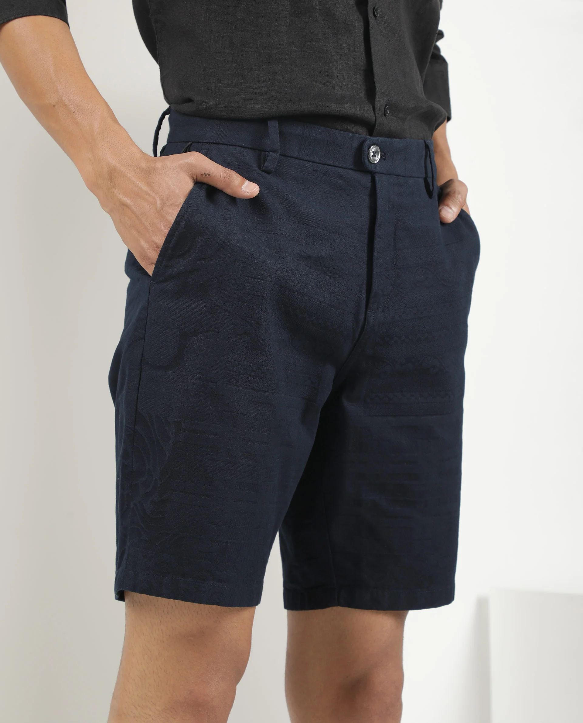 Rare Rabbit Men's Jaky Navy Cotton Jacquard Regular Fit Shorts - Image 3