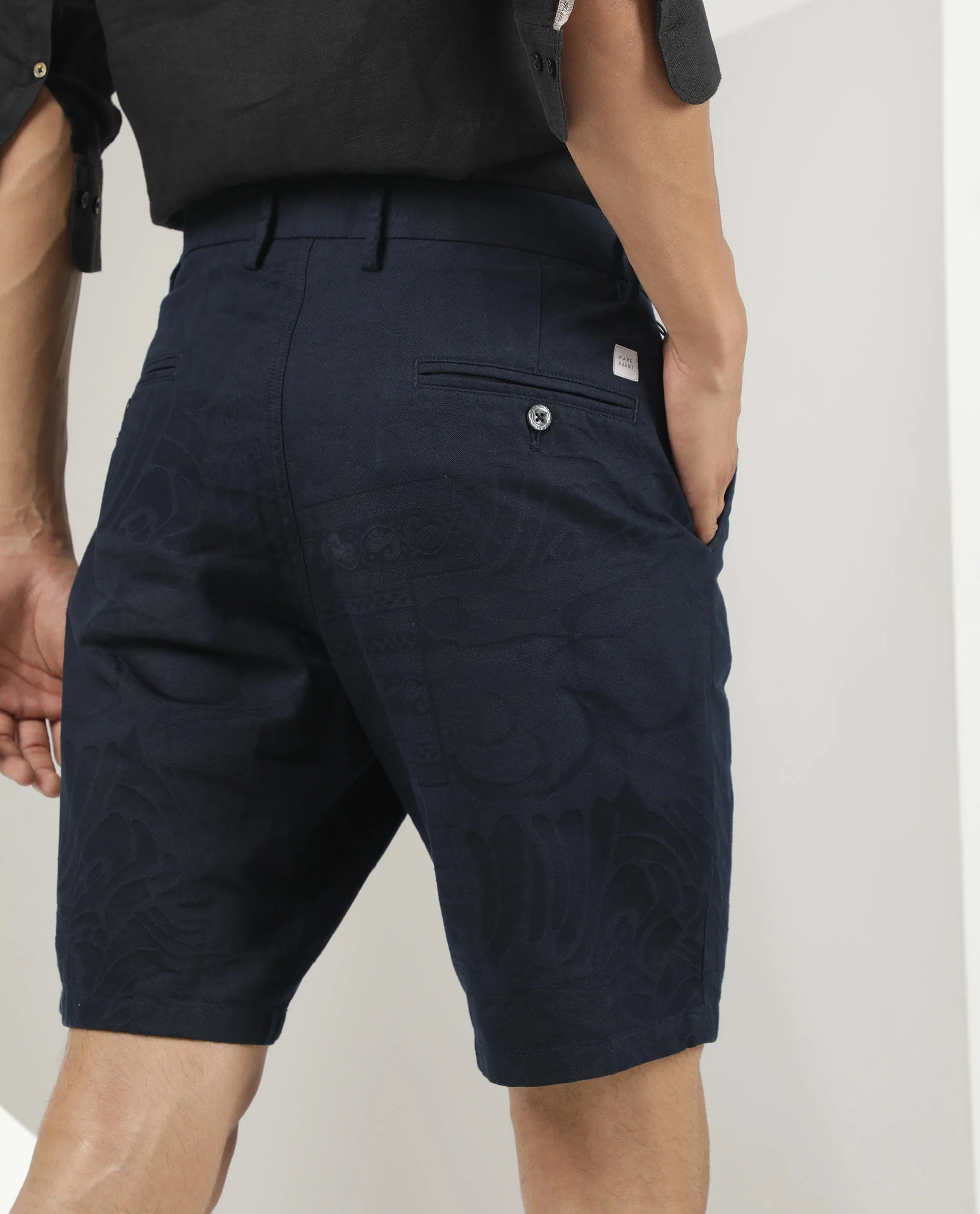 Rare Rabbit Men's Jaky Navy Cotton Jacquard Regular Fit Shorts - Image 9