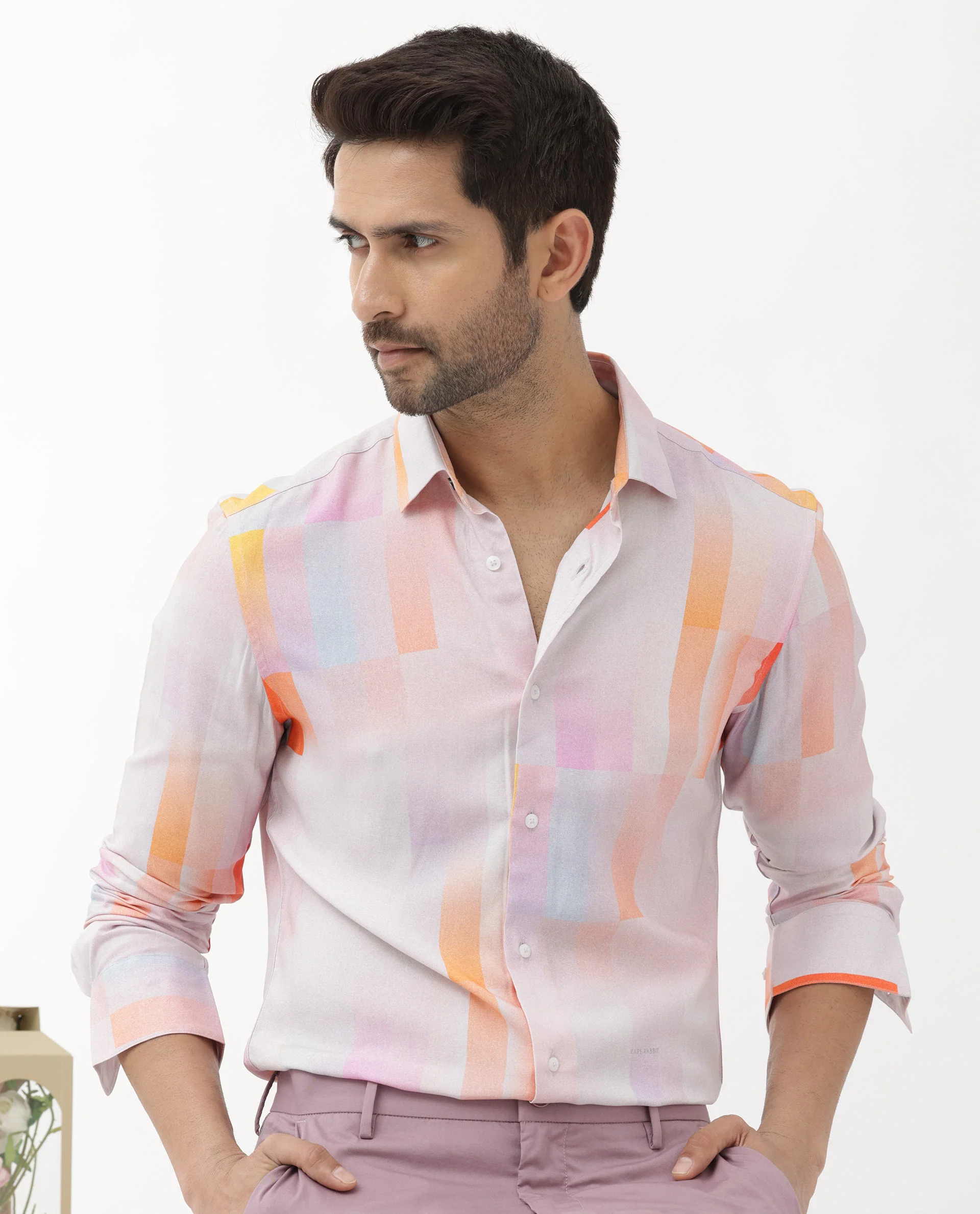 Rare Rabbit Men's Jalic Pastel Purple Viscose Abstract Print Regular Fit Full Sleeve Collared Shirt - Image 3
