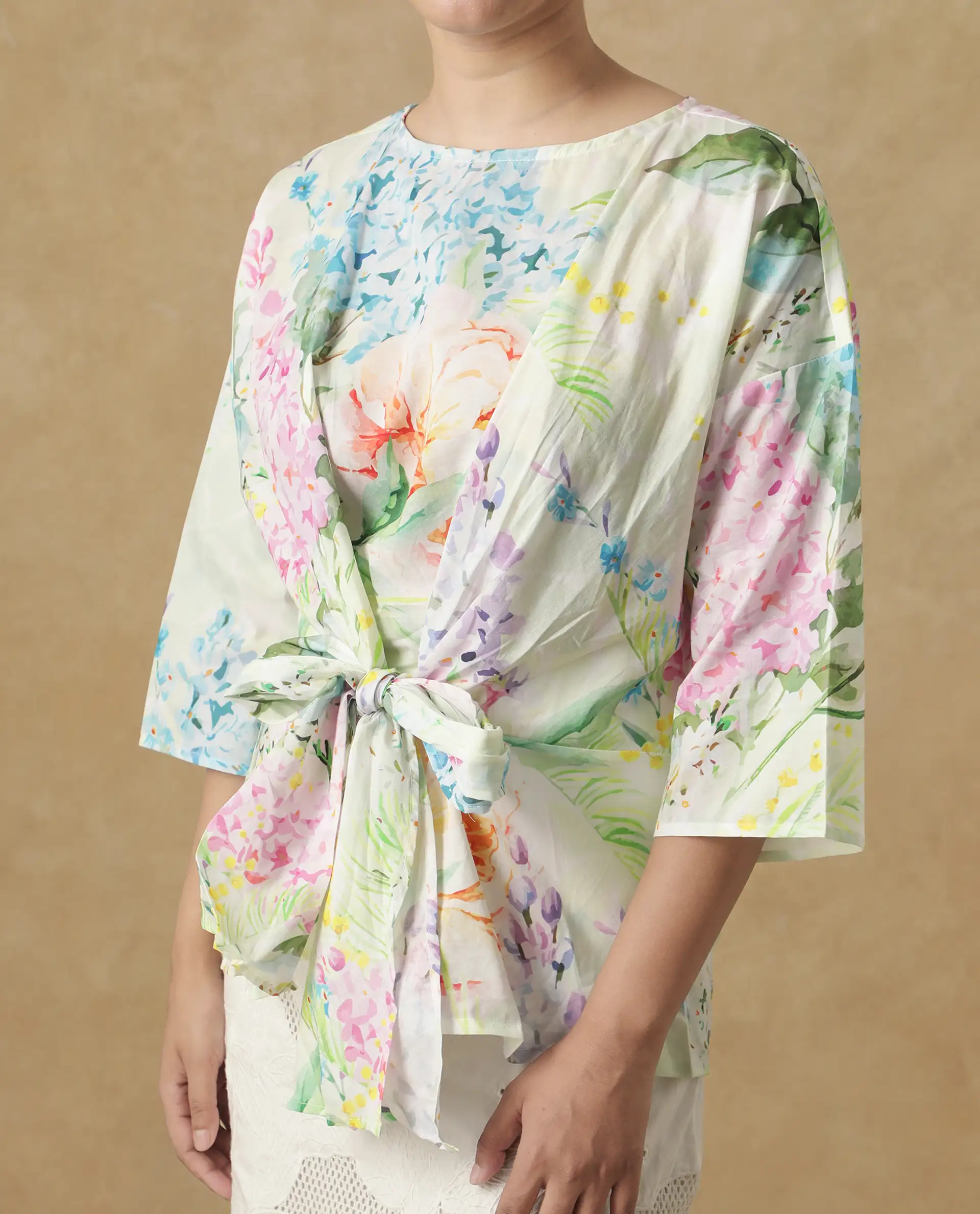 Rareism Women's Jalisco Light Multi Cotton V-Neck Floral Print Extended Sleeves Relaxed Fit Top - Image 2