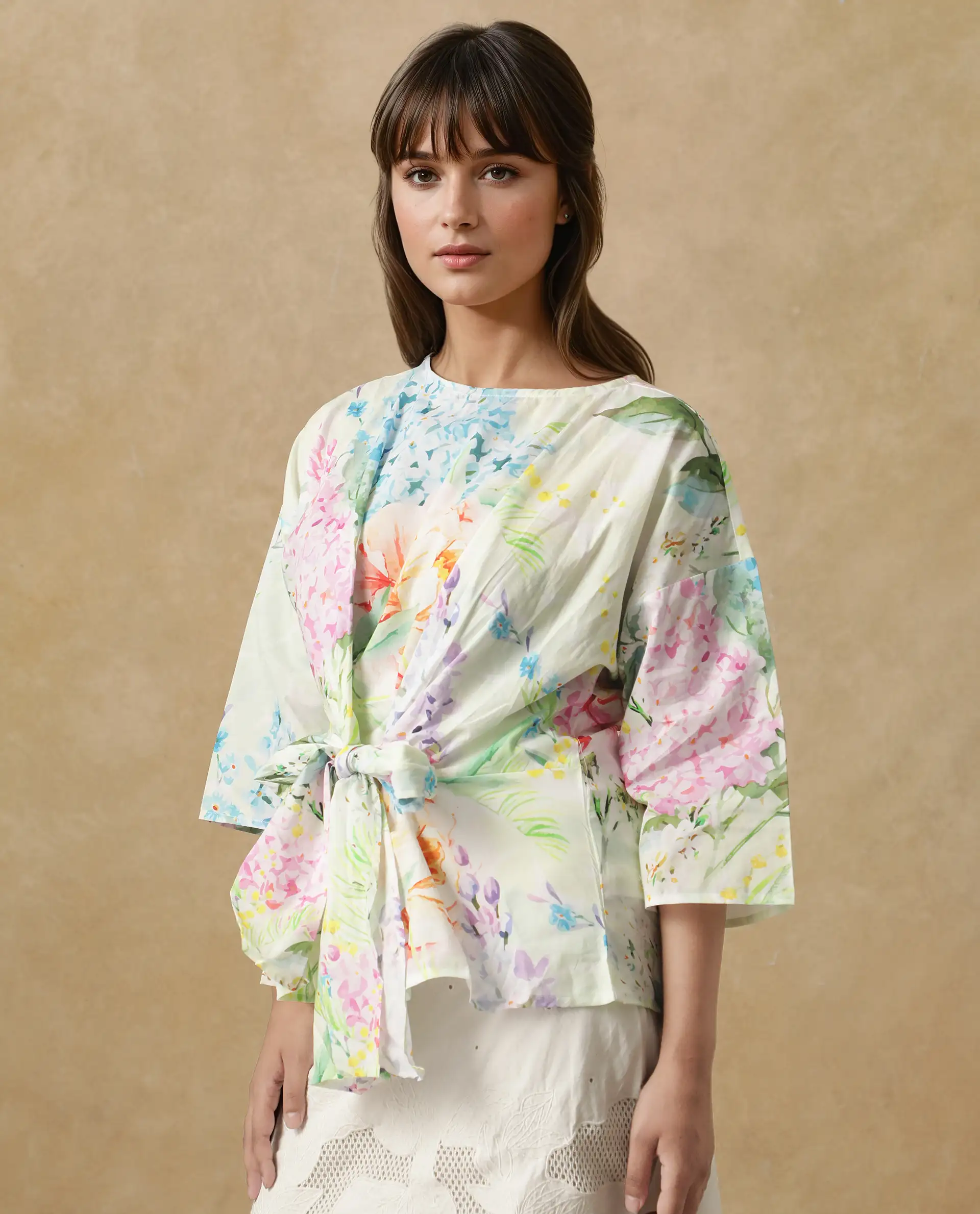 Rareism Women's Jalisco Light Multi Cotton V-Neck Floral Print Extended Sleeves Relaxed Fit Top - Image 4
