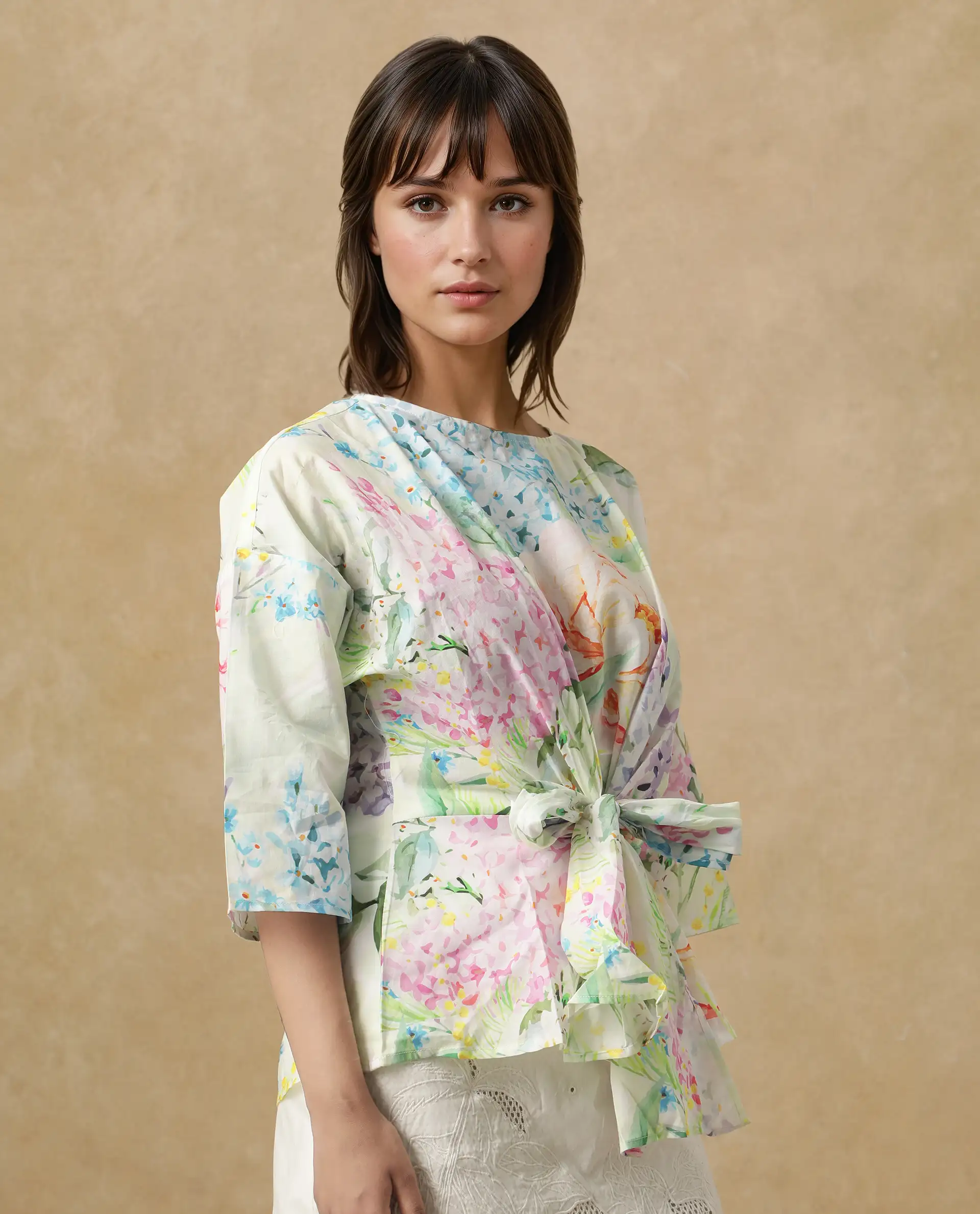Rareism Women's Jalisco Light Multi Cotton V-Neck Floral Print Extended Sleeves Relaxed Fit Top - Image 5