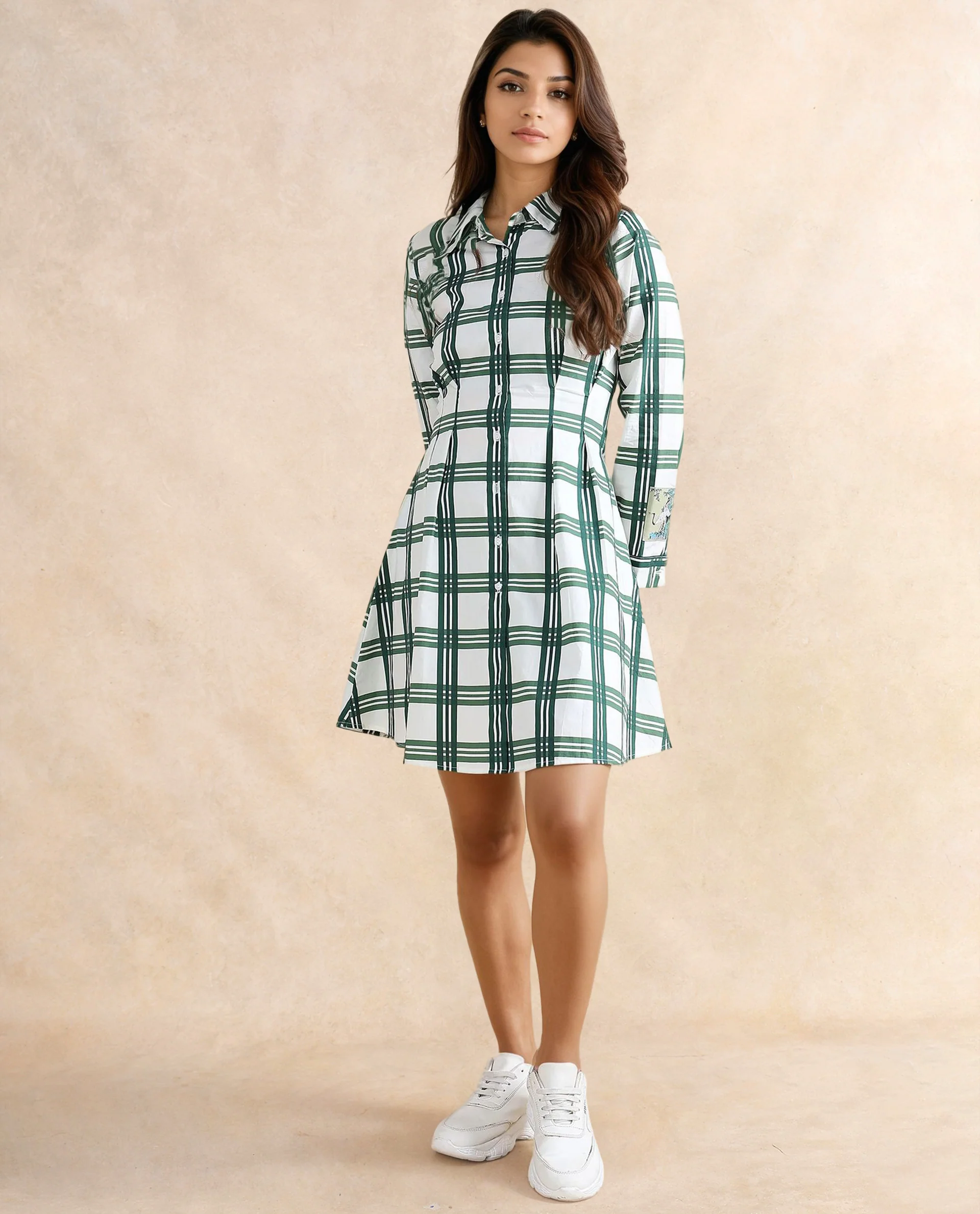 Rareism Women's Jalopim Light Ecru Cotton Drop Collar Flannel Print Cuffed Sleeve Mini Fit And Flare Dress - Image 3
