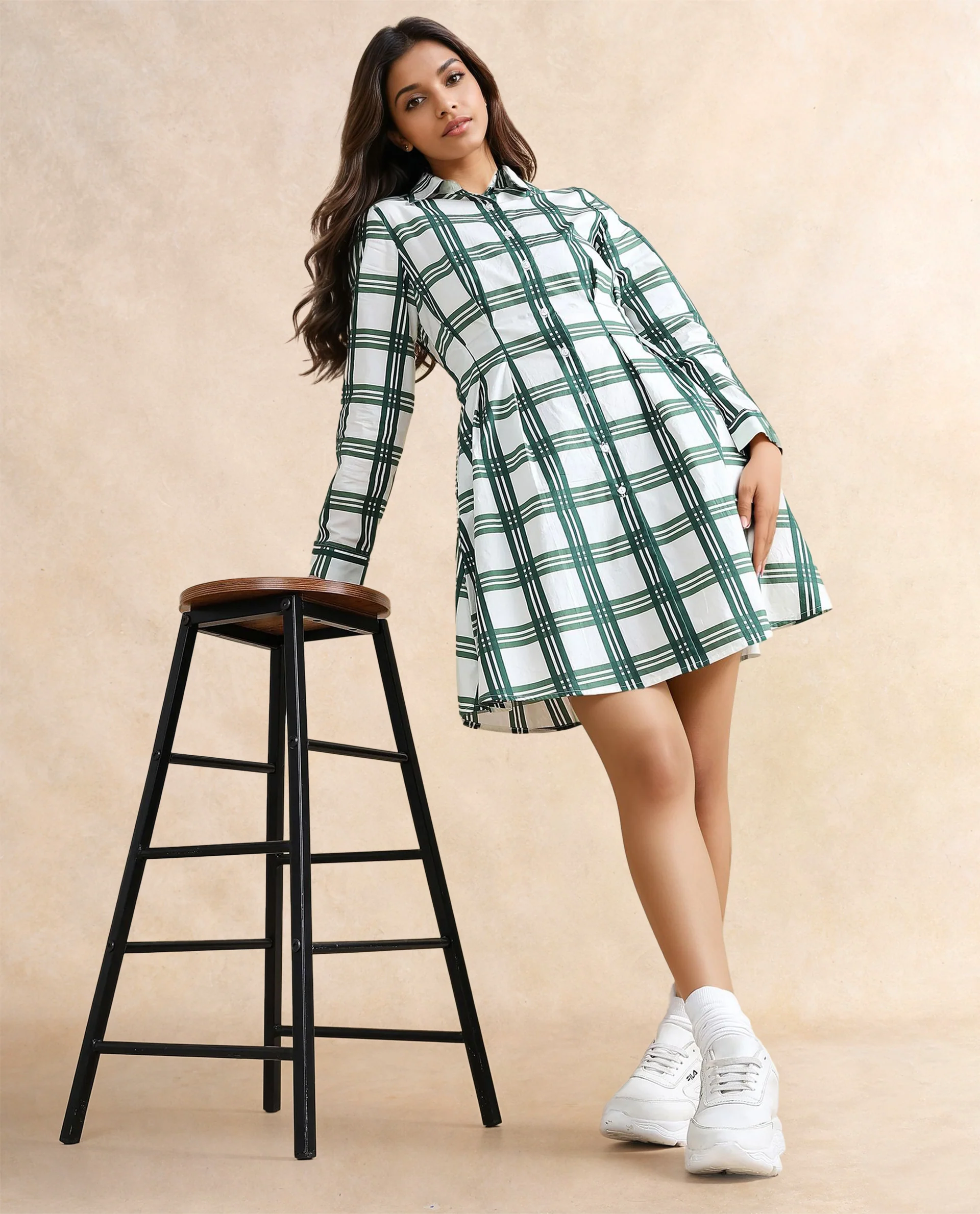 Rareism Women's Jalopim Light Ecru Cotton Drop Collar Flannel Print Cuffed Sleeve Mini Fit And Flare Dress - Image 6