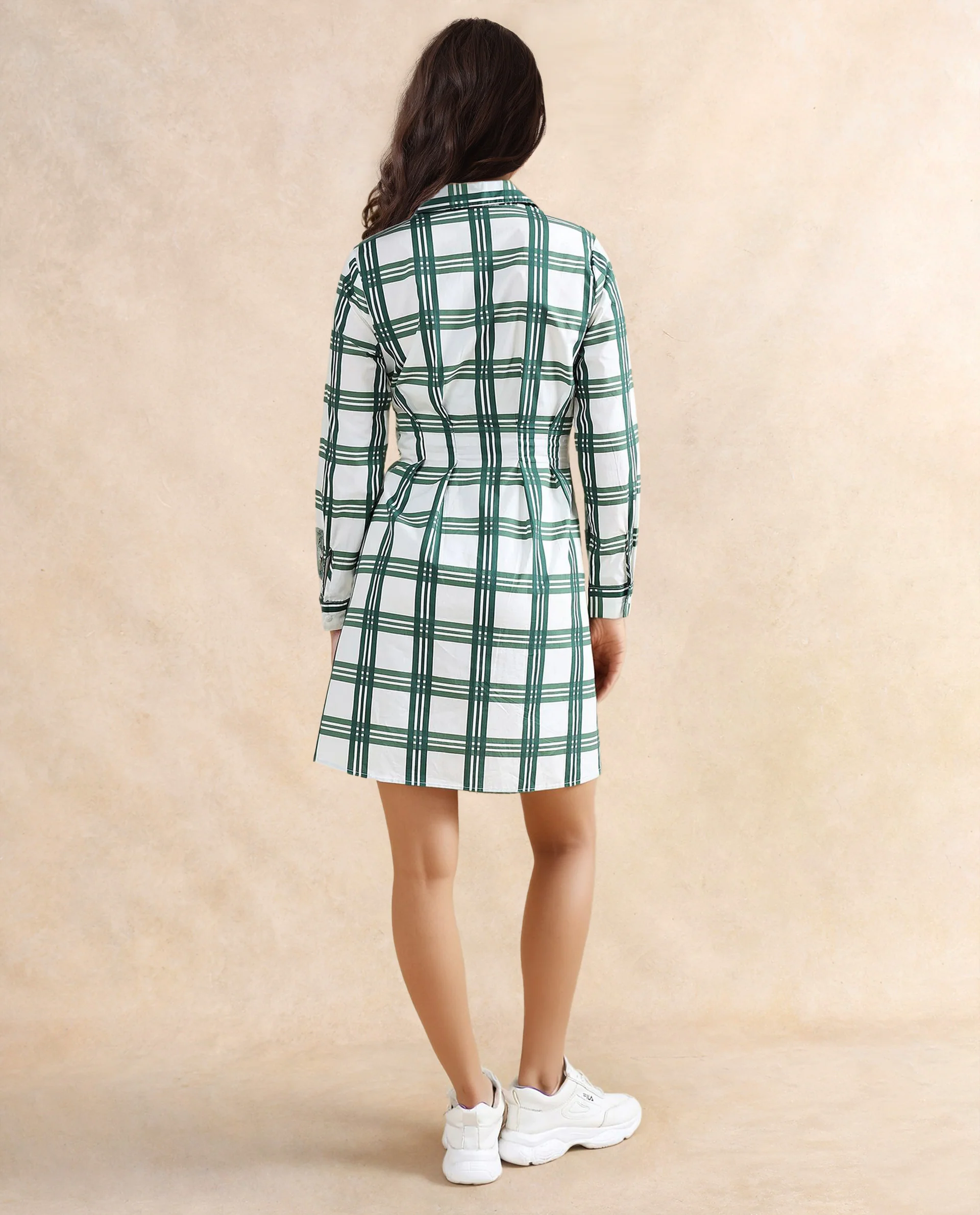 Rareism Women's Jalopim Light Ecru Cotton Drop Collar Flannel Print Cuffed Sleeve Mini Fit And Flare Dress - Image 7