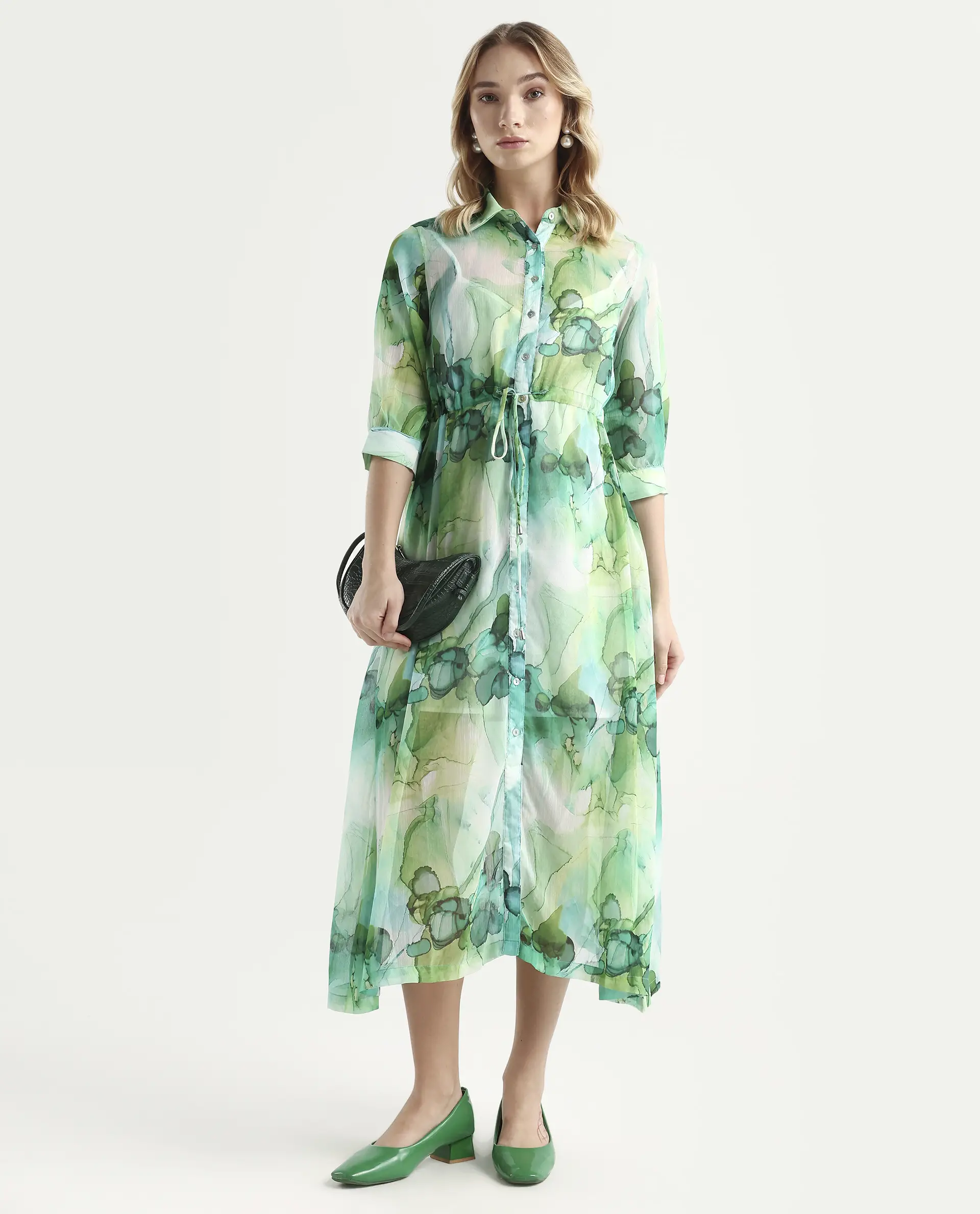 Rareism Women's Jamaica Green Sweetheart Neck Floral Print Knee Length Regular Fit Dress - Image 2