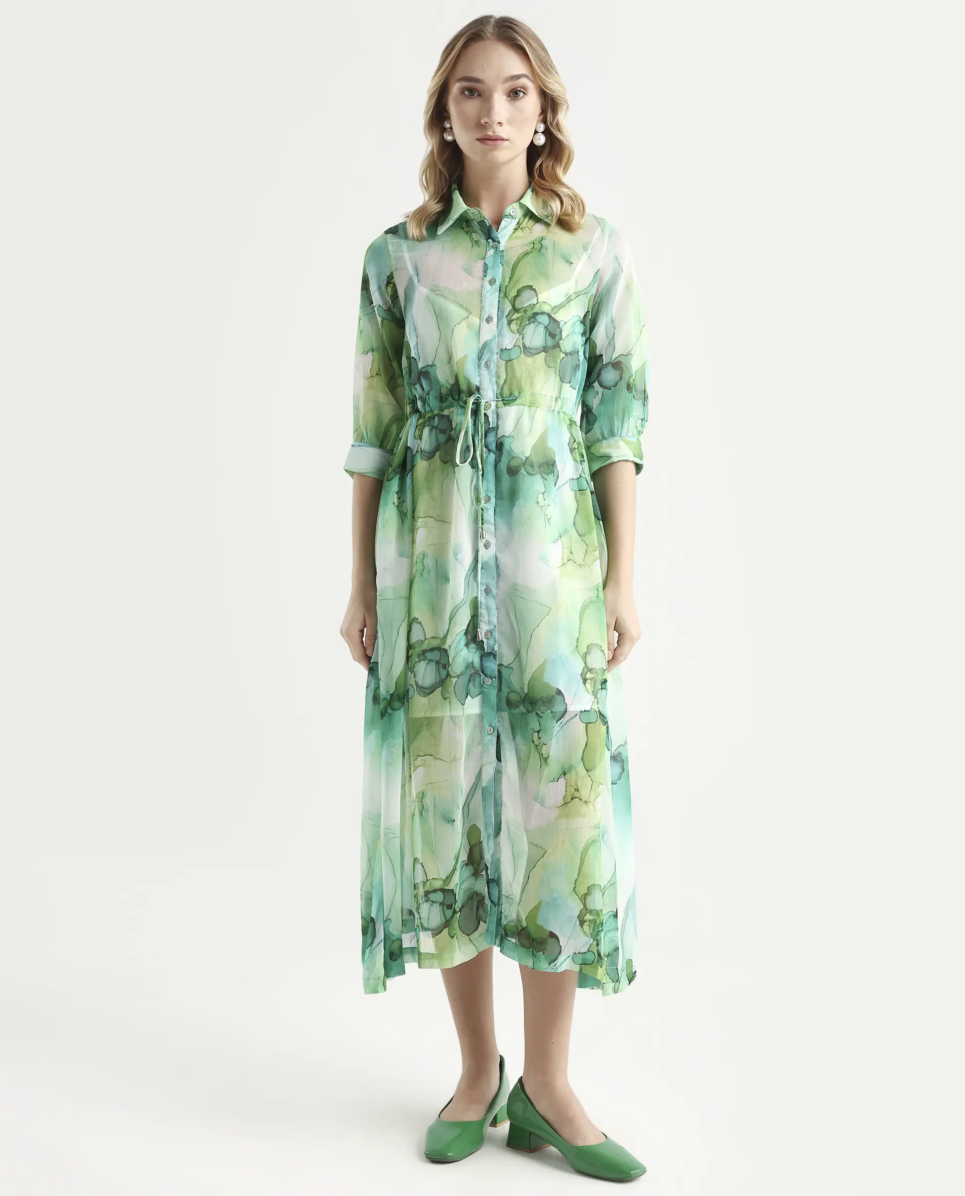 Rareism Women's Jamaica Green Sweetheart Neck Floral Print Knee Length Regular Fit Dress - Image 4