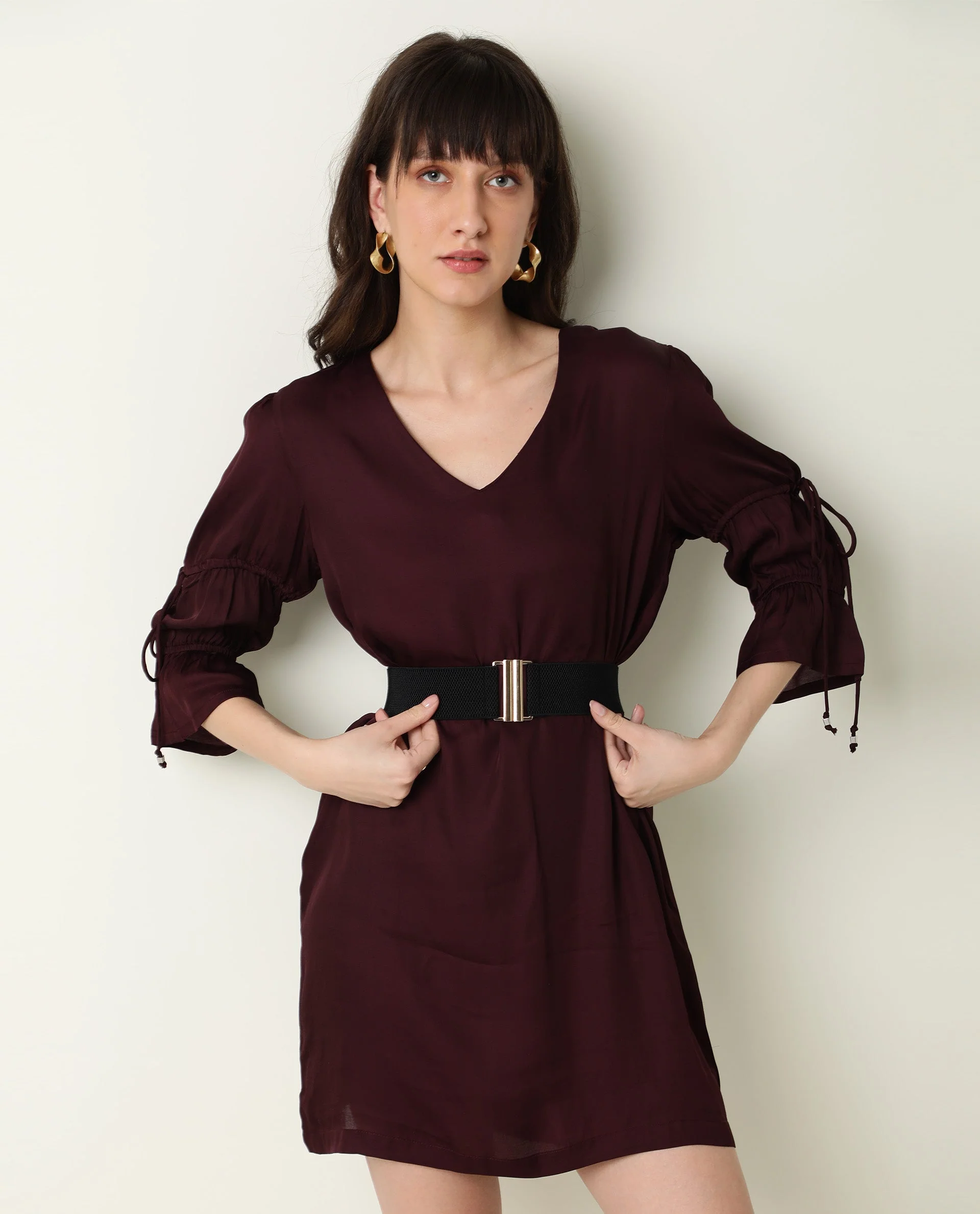 Rareism Women's Jamm Maroon V-Neck Plain Knee Length Regular Fit Dress