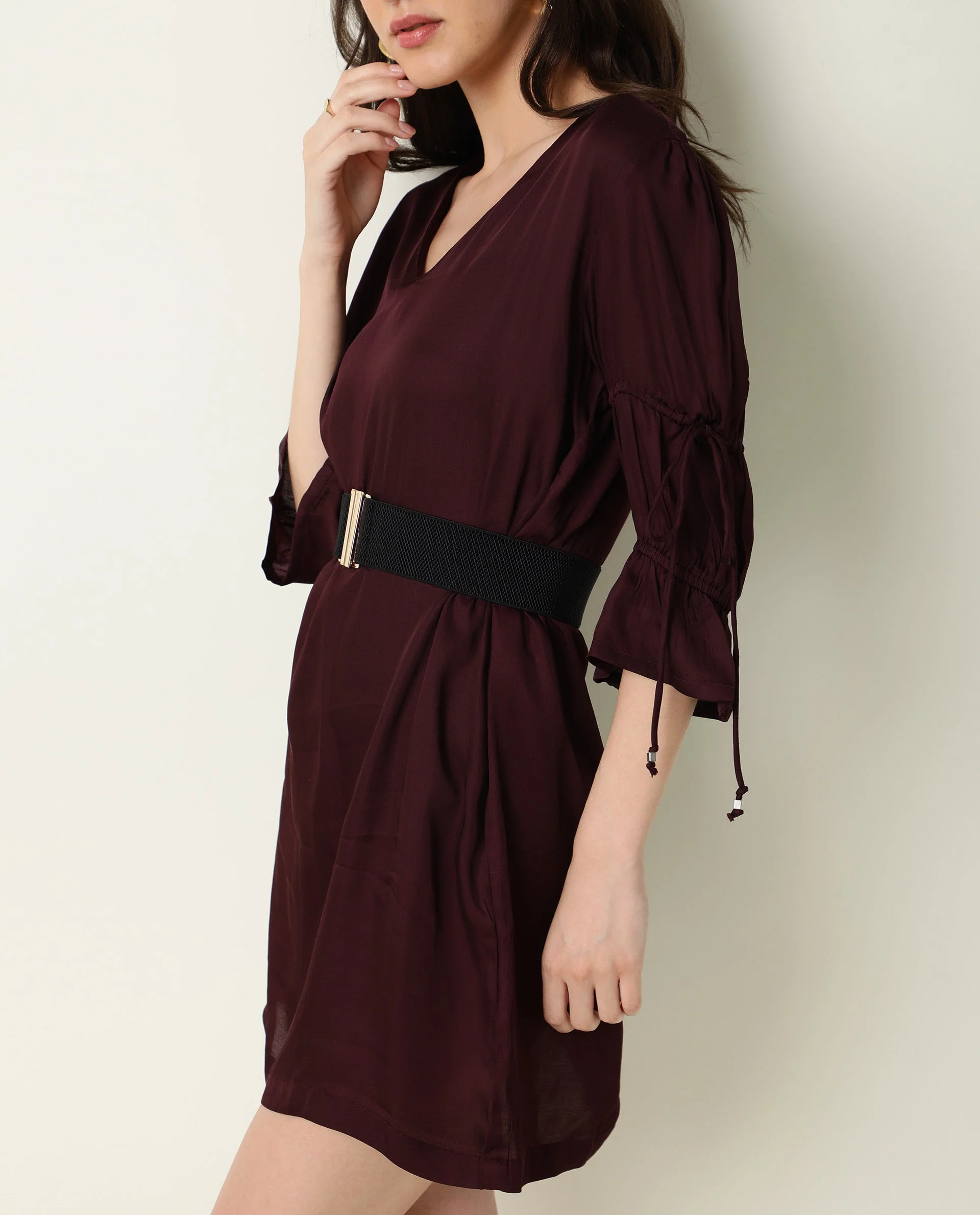 Rareism Women's Jamm Maroon V-Neck Plain Knee Length Regular Fit Dress - Image 2