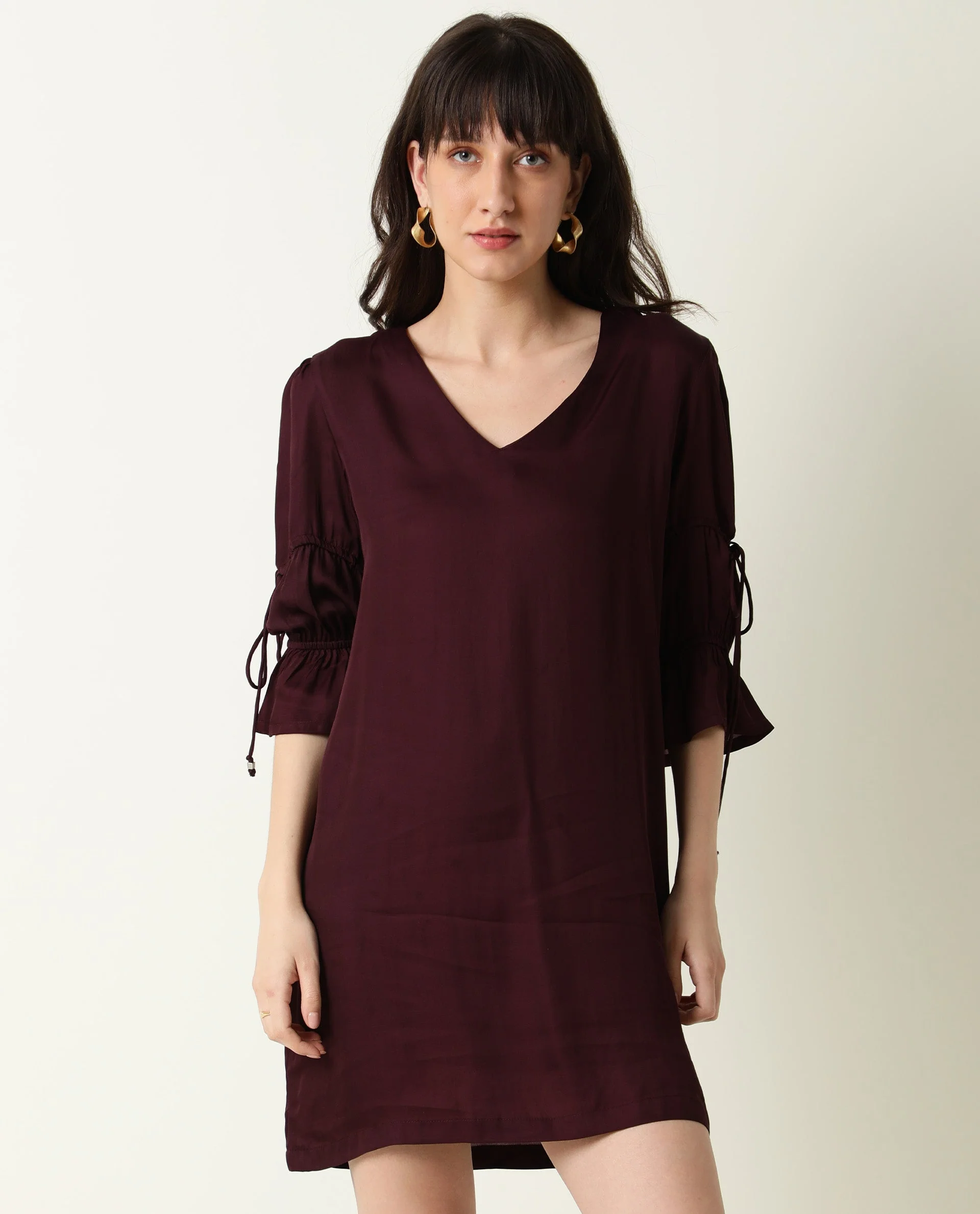 Rareism Women's Jamm Maroon V-Neck Plain Knee Length Regular Fit Dress - Image 5