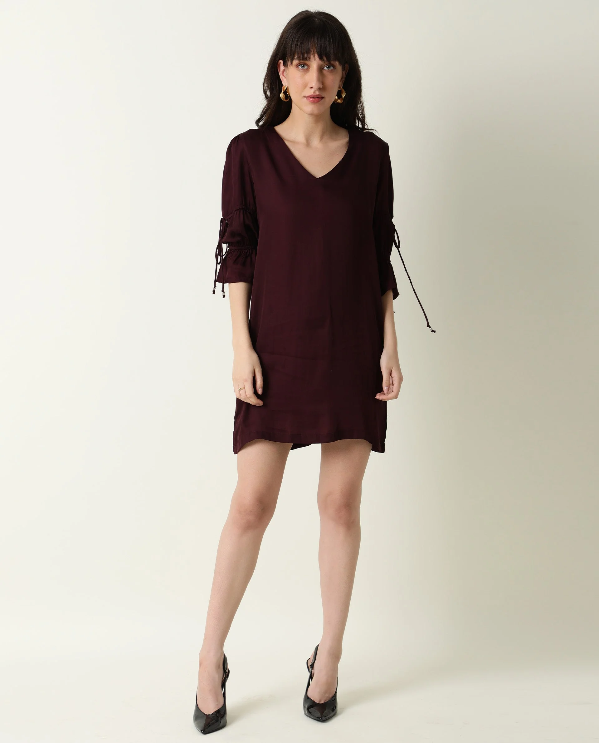 Rareism Women's Jamm Maroon V-Neck Plain Knee Length Regular Fit Dress - Image 6