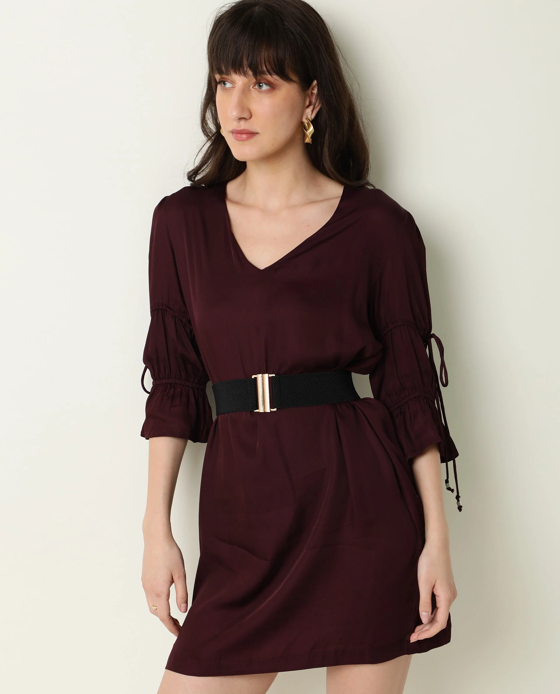 Rareism Women's Jamm Maroon V-Neck Plain Knee Length Regular Fit Dress - Image 7