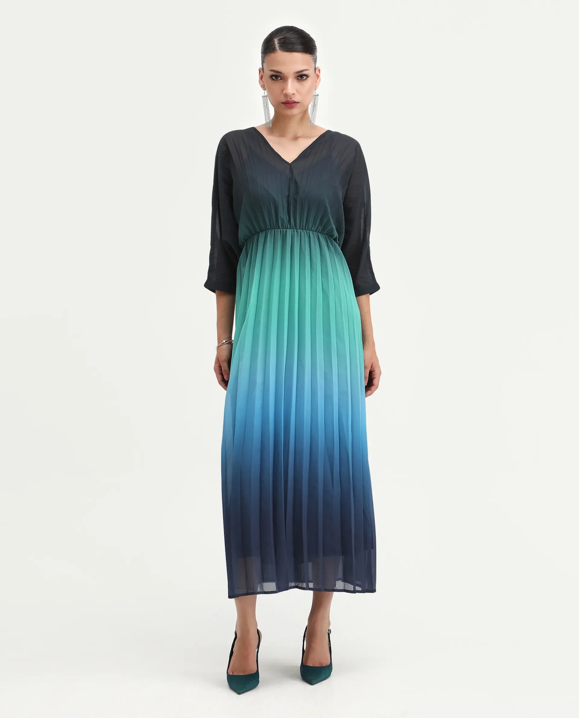 Rareism Women's Janambi Dark Blue Cotton V-Neck Ombre Kimono Sleeve Maxi Flared Dress