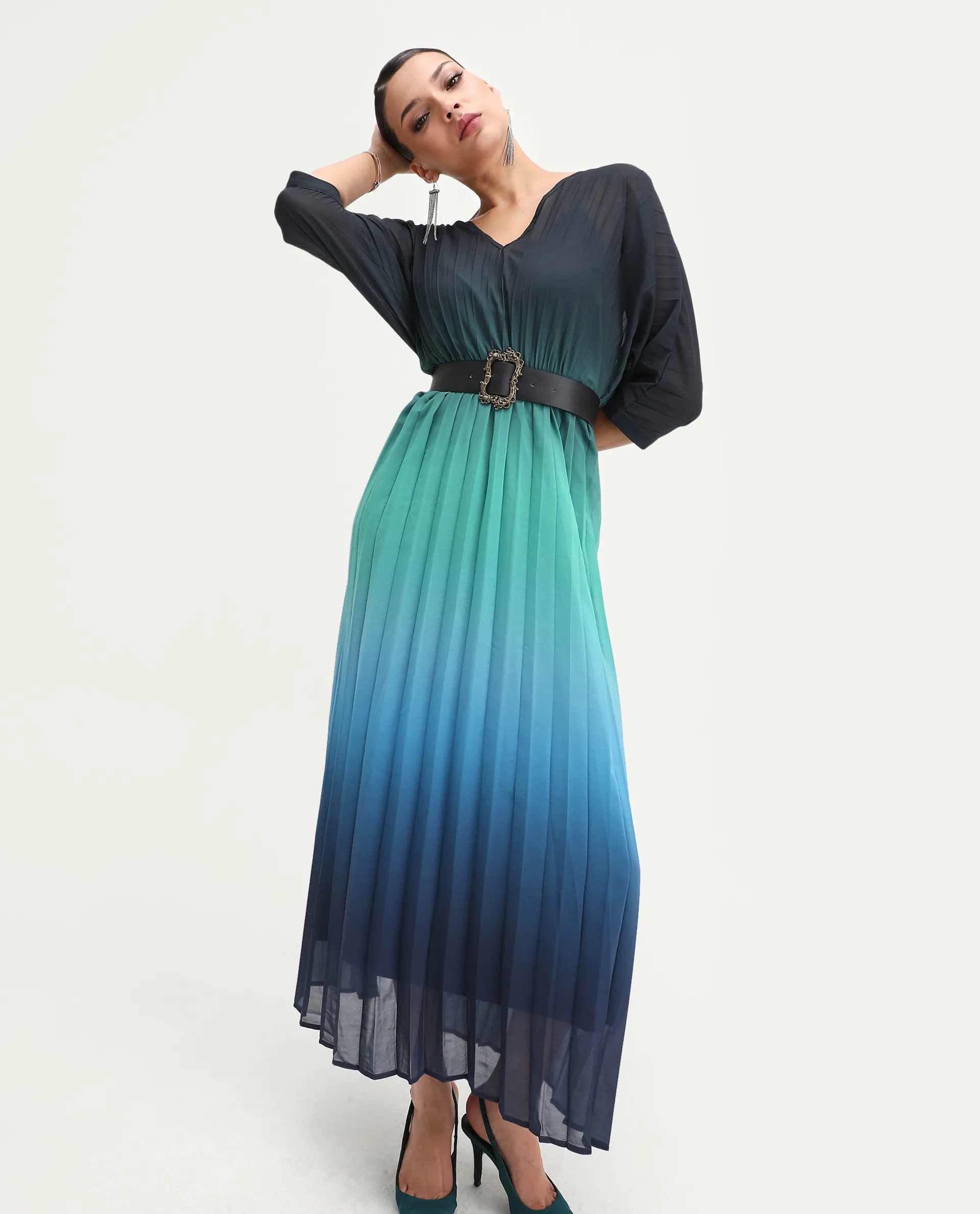 Rareism Women's Janambi Dark Blue Cotton V-Neck Ombre Kimono Sleeve Maxi Flared Dress - Image 2