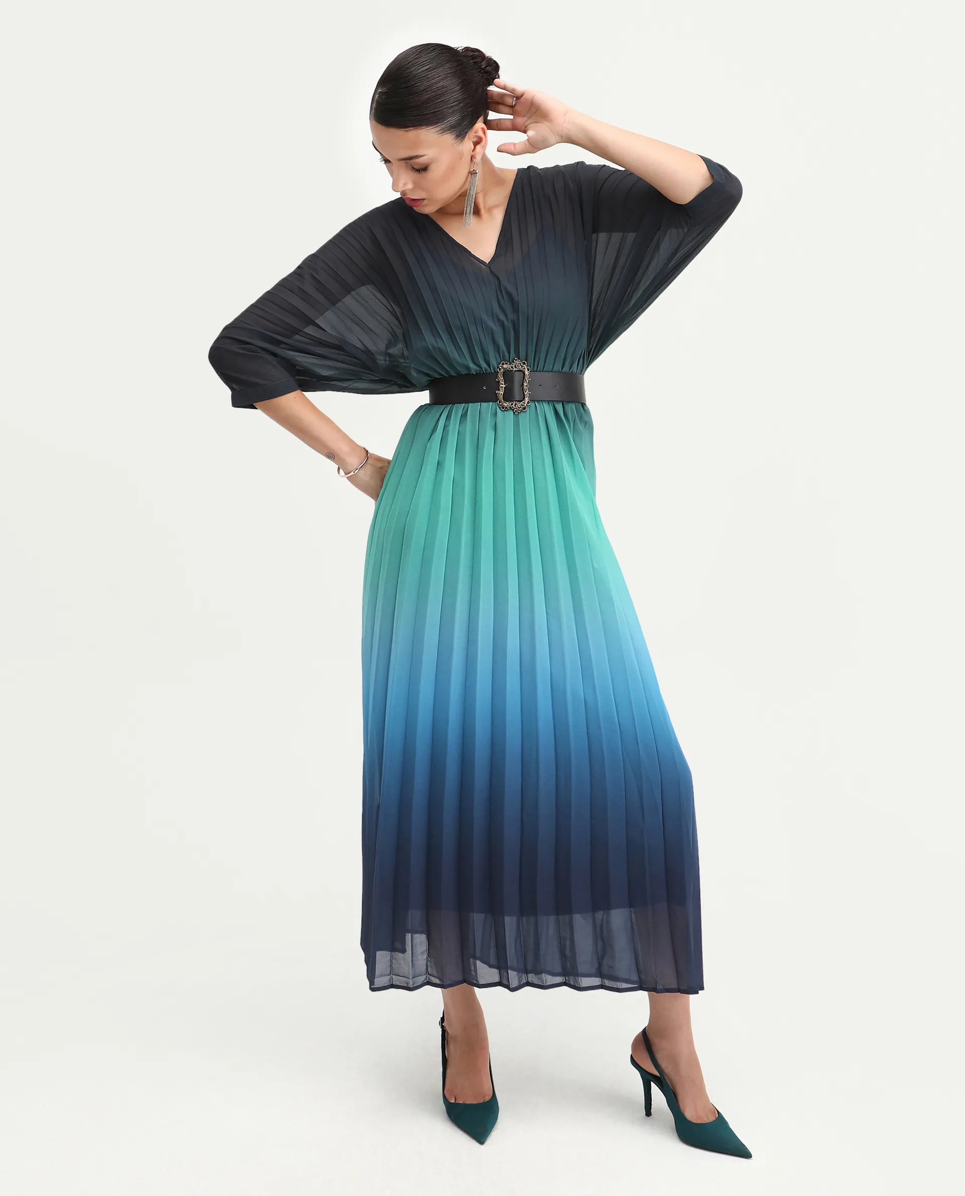 Rareism Women's Janambi Dark Blue Cotton V-Neck Ombre Kimono Sleeve Maxi Flared Dress - Image 3