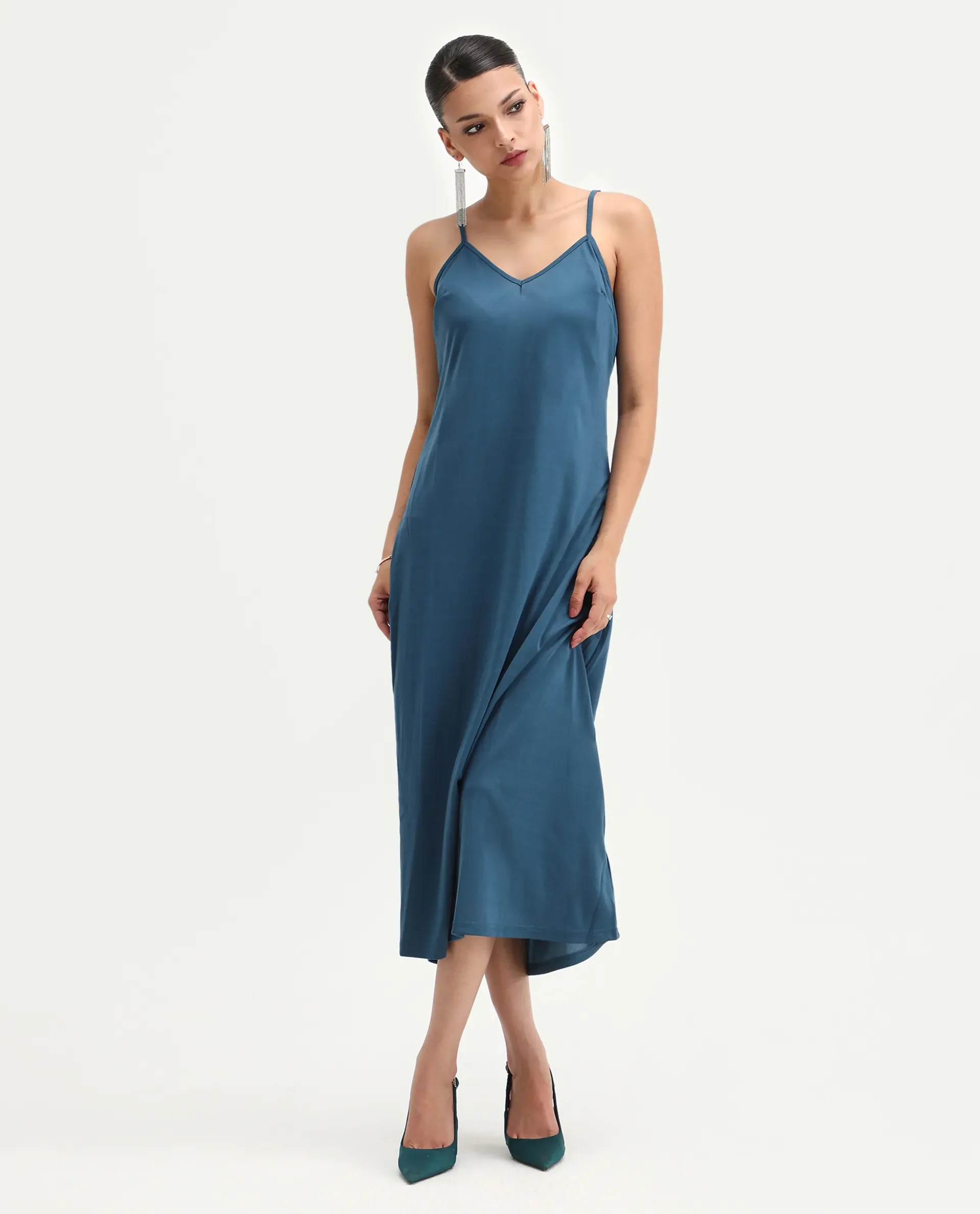 Rareism Women's Janambi Dark Blue Cotton V-Neck Ombre Kimono Sleeve Maxi Flared Dress - Image 4