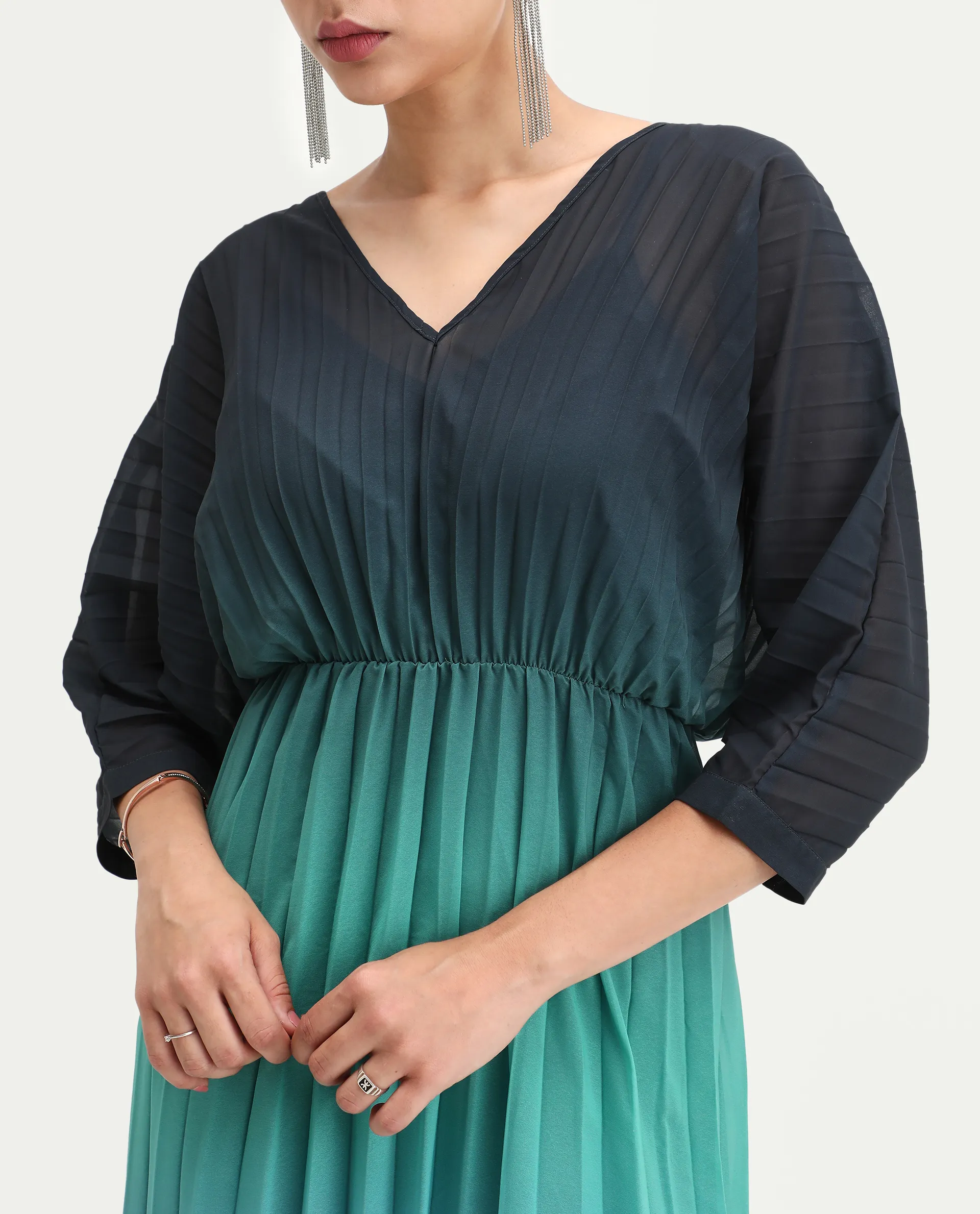 Rareism Women's Janambi Dark Blue Cotton V-Neck Ombre Kimono Sleeve Maxi Flared Dress - Image 5